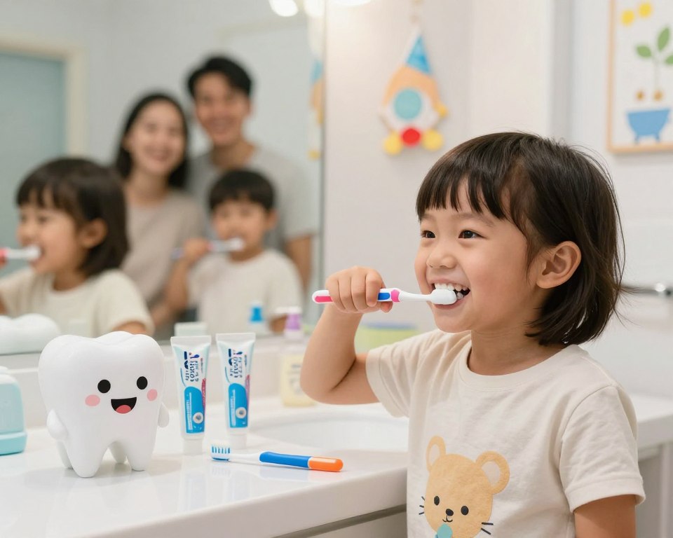 A bright and cheerful dental care scene depicting children engaging in oral hygiene activities. In the foreground, a young child with a joyful expression is happily brushing their teeth with a colorful toothbrush, wearing a playful outfit. A cartoonish, friendly tooth character encourages good dental habits. In the middle ground, a table is set with fun dental care items, including flavored toothpaste and a timer for brushing. In the background, a well-lit, inviting bathroom features colorful decorations and a large mirror reflecting a smiling family. The lighting is soft and warm, creating a friendly and healthy atmosphere that emphasizes the importance of oral hygiene during antibiotic therapy. The image captures a positive mood and promotes good dental care practices for kids. A bright and cheerful dental care scene depicting children engaging in oral hygiene activities. In the foreground, a young child with a joyful expression is happily brushing their teeth with a colorful toothbrush, wearing a playful outfit. A cartoonish, friendly tooth character encourages good dental habits. In the middle ground, a table is set with fun dental care items, including flavored toothpaste and a timer for brushing. In the background, a well-lit, inviting bathroom features colorful decorations and a large mirror reflecting a smiling family. The lighting is soft and warm, creating a friendly and healthy atmosphere that emphasizes the importance of oral hygiene during antibiotic therapy. The image captures a positive mood and promotes good dental care practices for kids.
