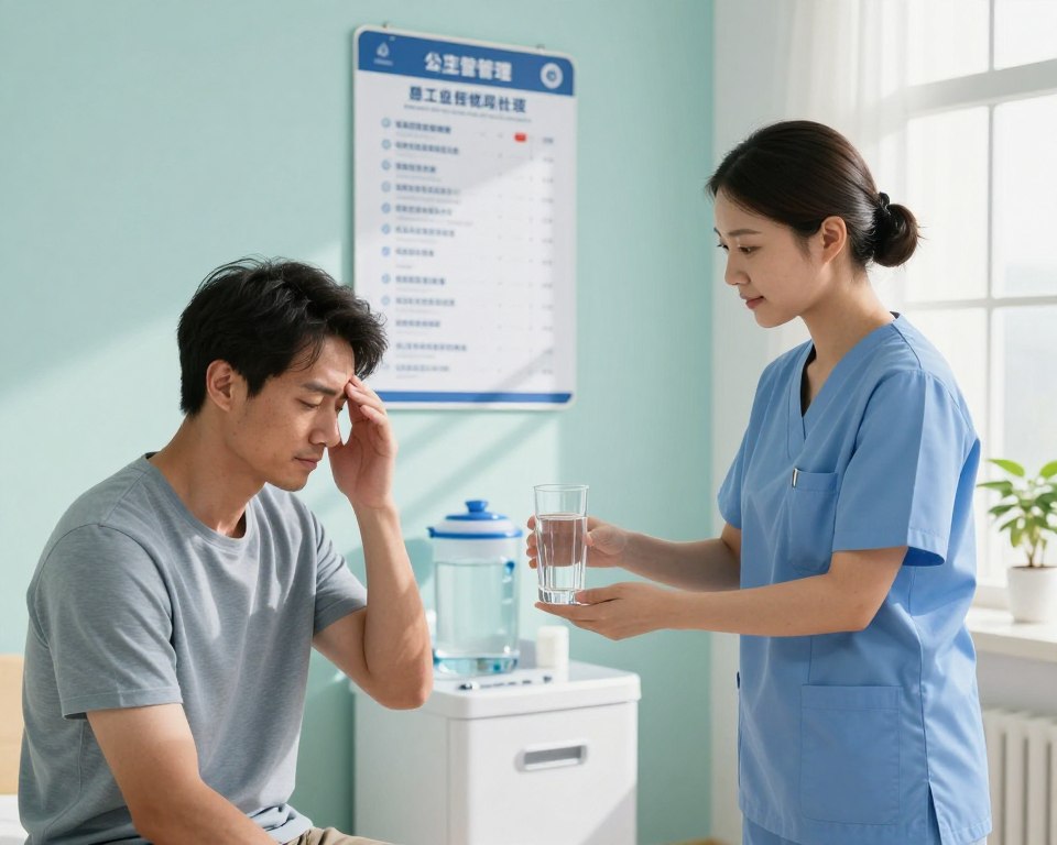 A bright and inviting healthcare setting showcasing a hydration station and a patient receiving treatment for sudden dizziness. In the foreground, a nurse in professional scrubs attentively offers a clear glass of water to a seated male patient who looks relieved. In the middle ground, a hydration chart displayed on the wall illustrates the importance of water intake for dizziness prevention. The background features calming shades of blue and green, enhancing the atmosphere of health and wellness. Soft, natural lighting streams through a window, casting gentle shadows to create a serene ambience. The scene captures the importance of maintaining hydration as a defense against vertigo in a warm, professional setting.