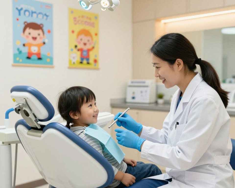 A bright and welcoming pediatric dental office interior, illustrating the theme of pediatric dentistry. In the foreground, a cheerful pediatric dentist, wearing a white coat and blue gloves, is gently examining a young child in a dental chair, both smiling. The child, around 6 years old, has a playful expression and is comfortably seated with cartoon-themed decorations around. In the middle ground, colorful posters of dental hygiene and friendly cartoon characters adorn the walls, creating a friendly atmosphere. In the background, soft, warm lighting enhances the inviting vibe of the space. The scene captures a sense of care and professionalism, emphasizing the importance of consulting a pediatric dentist for children's dental health. The angle highlights both the dentist's interaction with the child and the comforting environment of the clinic. A bright and welcoming pediatric dental office interior, illustrating the theme of pediatric dentistry. In the foreground, a cheerful pediatric dentist, wearing a white coat and blue gloves, is gently examining a young child in a dental chair, both smiling. The child, around 6 years old, has a playful expression and is comfortably seated with cartoon-themed decorations around. In the middle ground, colorful posters of dental hygiene and friendly cartoon characters adorn the walls, creating a friendly atmosphere. In the background, soft, warm lighting enhances the inviting vibe of the space. The scene captures a sense of care and professionalism, emphasizing the importance of consulting a pediatric dentist for children's dental health. The angle highlights both the dentist's interaction with the child and the comforting environment of the clinic.