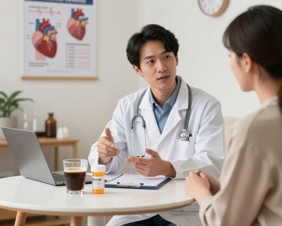 A bright, well-lit setting showcasing a small round table in a cozy medical office. In the foreground, a glass of coffee sits next to a prescription bottle of Amoxicillin, both prominently displayed to convey their connection. In the middle ground, a trained healthcare professional, dressed in a smart white lab coat, is attentively explaining safe caffeine consumption practices to a patient, who is listening intently. The background features medical posters and charts illustrating heart rate and the effects of caffeine on the body. Soft, natural lighting creates a warm atmosphere, emphasizing professionalism and care, while a shallow depth of field focuses on the interaction between the healthcare provider and the patient. A bright, well-lit setting showcasing a small round table in a cozy medical office. In the foreground, a glass of coffee sits next to a prescription bottle of Amoxicillin, both prominently displayed to convey their connection. In the middle ground, a trained healthcare professional, dressed in a smart white lab coat, is attentively explaining safe caffeine consumption practices to a patient, who is listening intently. The background features medical posters and charts illustrating heart rate and the effects of caffeine on the body. Soft, natural lighting creates a warm atmosphere, emphasizing professionalism and care, while a shallow depth of field focuses on the interaction between the healthcare provider and the patient.