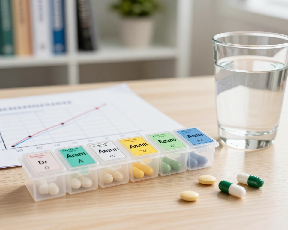 A clean and professional setting featuring a close-up view of a well-organized desk. In the foreground, display a neatly arranged pillbox labeled with different dosages of Amoxicillin, accompanied by illustrated probiotic capsules and a glass of water, emphasizing dosage strategies. In the middle ground, a subtle graph or chart illustrating dosage efficacy and recovery timelines can be partially visible, adding educational context. The background should softly blur to reveal a bookshelf filled with medical textbooks and a serene plant, creating a calming atmosphere. Use warm, natural lighting to enhance focus and clarity, reflecting a mood of trust and professionalism. The angle should be slightly overhead, allowing all elements to be visible and well-framed.