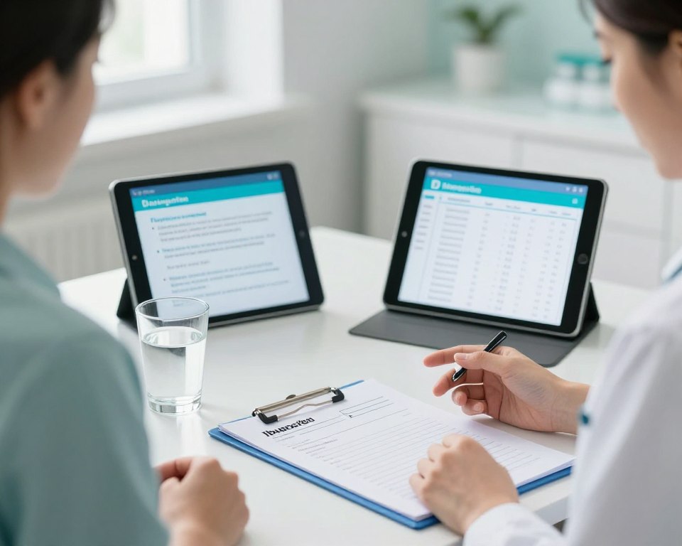 A clean, organized medical setting featuring a professional healthcare provider in modest casual attire, attentively explaining the safe simultaneous use of ibuprofen and amoxicillin to a patient. In the foreground, display a prescription pad with clearly labeled ibuprofen and amoxicillin capsules beside a glass of water. The middle ground includes a tablet with educational safety guidelines and a digital tablet showing a health app with dosing timelines. The background should be a serene, well-lit clinic with soft, natural light coming through windows, casting gentle shadows. Create a calming atmosphere that conveys trust and professionalism, with pleasant colors like soft blues and greens, to emphasize safety and health in medication usage.