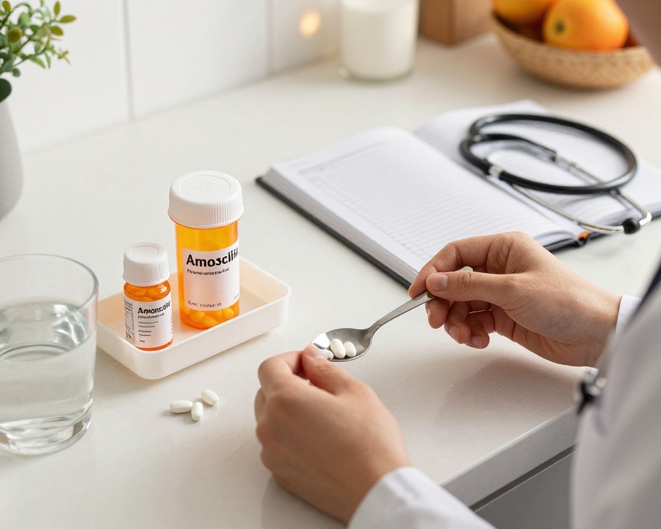 A clean, well-lit kitchen countertop with a focus on a small, organized medicine station displaying a prescription bottle of Amoxicillin and a bottle of Vitamin C supplements. In the foreground, a pair of hands, clad in professional attire, carefully measuring out the correct dosage of Amoxicillin using a spoon, while a glass of water and a couple of Vitamin C tablets are within reach. The middle ground features an open notebook with neatly written notes on best practices for taking these supplements, alongside a stethoscope to symbolize health. The background includes soft hints of kitchen elements, like herbs or a fruit bowl, illuminated by warm, natural lighting to create a cozy, informative atmosphere. The image should evoke a sense of safety, professionalism, and clarity, emphasizing the importance of taking these supplements correctly. A clean, well-lit kitchen countertop with a focus on a small, organized medicine station displaying a prescription bottle of Amoxicillin and a bottle of Vitamin C supplements. In the foreground, a pair of hands, clad in professional attire, carefully measuring out the correct dosage of Amoxicillin using a spoon, while a glass of water and a couple of Vitamin C tablets are within reach. The middle ground features an open notebook with neatly written notes on best practices for taking these supplements, alongside a stethoscope to symbolize health. The background includes soft hints of kitchen elements, like herbs or a fruit bowl, illuminated by warm, natural lighting to create a cozy, informative atmosphere. The image should evoke a sense of safety, professionalism, and clarity, emphasizing the importance of taking these supplements correctly.
