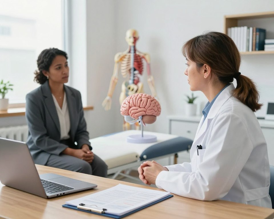 A clinical evaluation scene depicting a healthcare professional, a middle-aged woman in a white lab coat, engaging with a diverse adult patient in a bright, modern examination room. The foreground features a wooden desk with medical charts and a laptop open, while the patient, dressed in professional business attire, sits on an examination table, appearing thoughtful and concerned. In the middle, a large anatomical brain model is displayed, symbolizing neuropsychiatric focus. The background includes a model of the central nervous system, along with shelves of medical texts. Soft, natural lighting streams through a window, creating a calm and professional atmosphere, emphasizing the significance of understanding CNS side effects. The perspective is slightly angled to create depth, inviting the viewer into the clinical setting.