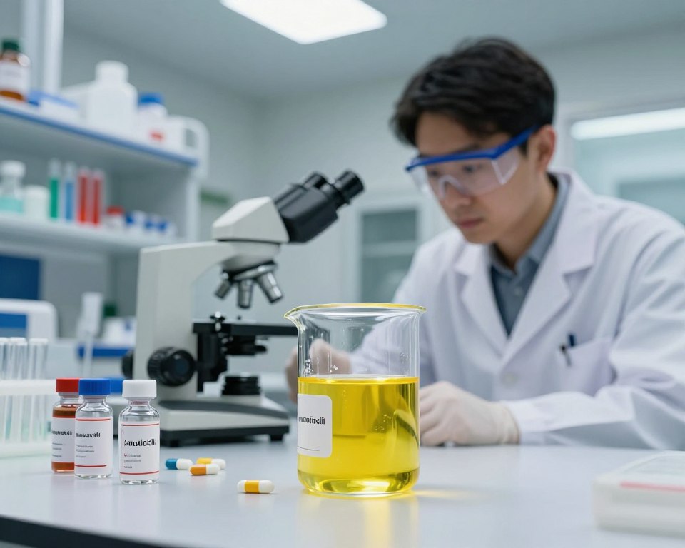 A clinical laboratory scene illustrating the concepts of dehydration shifts and antibiotic efficacy. In the foreground, a clear glass beaker filled with a bright yellow liquid (representing dehydration) sits on a white lab bench, surrounded by various vials of antibiotics, including amoxicillin. The middle ground shows a researcher in a professional lab coat, meticulously examining the beaker under a microscope, with focused expression and wearing safety goggles. The background reveals shelves lined with scientific equipment and colorful charts displaying hydration levels and antibiotic effectivity, illuminated by soft overhead lighting that creates a sterile atmosphere. A subtle glow highlights the beaker, adding urgency and importance to the research being conducted.