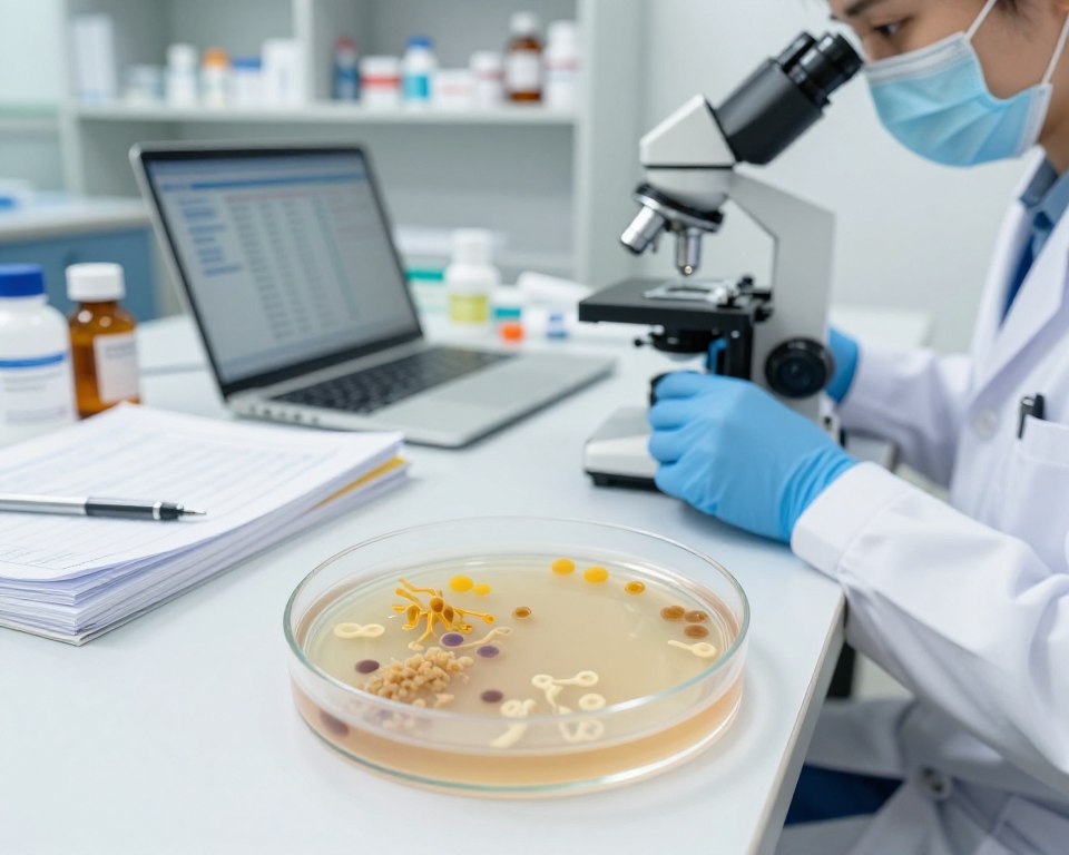 A clinical setting depicting a healthcare professional in a lab coat, analyzing a petri dish with yeast cultures under a microscope. In the foreground, a close-up of the petri dish shows a vivid array of fungal growth, symbolizing yeast infections. The middle ground features scattered medical textbooks and a laptop displaying data on antibiotics, highlighting the intersection of antibiotic therapy and yeast management. The background contains shelves filled with pharmaceutical bottles, illustrating a variety of antibiotics. The lighting is bright and sterile, conveying a sense of professionalism and urgency. The mood is focused and educational, emphasizing the challenges faced when managing yeast infections during antibiotic treatment. The image should be free of any text or branding elements.