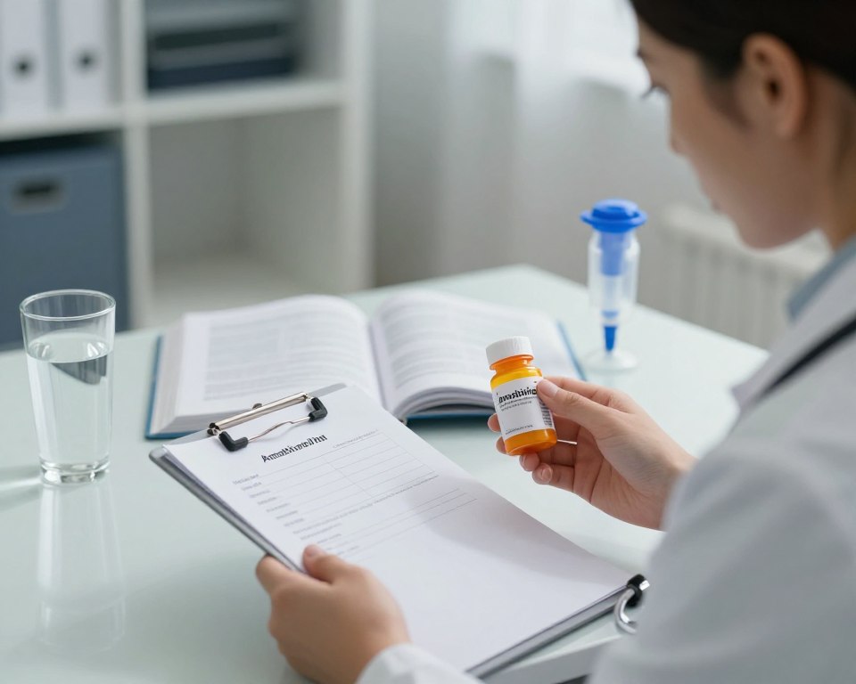 A clinical setting illustrating the concept of amoxicillin and its relation to viral sore throat. In the foreground, a doctor in professional attire (lab coat and stethoscope) holds a prescription pad, looking thoughtfully at a bottle of amoxicillin with a focus on the label. The middle ground features an open medical textbook displaying a section on viral infections and antibiotics, accompanied by a glass of water and a nebulizer, symbolizing home treatment options. The background includes a medical office with a soft, diffused light creating a calm atmosphere, emphasizing the seriousness of making informed health decisions. The scene captures a moment of contemplation and prudence, with shadows adding depth to the environment. A clinical setting illustrating the concept of amoxicillin and its relation to viral sore throat. In the foreground, a doctor in professional attire (lab coat and stethoscope) holds a prescription pad, looking thoughtfully at a bottle of amoxicillin with a focus on the label. The middle ground features an open medical textbook displaying a section on viral infections and antibiotics, accompanied by a glass of water and a nebulizer, symbolizing home treatment options. The background includes a medical office with a soft, diffused light creating a calm atmosphere, emphasizing the seriousness of making informed health decisions. The scene captures a moment of contemplation and prudence, with shadows adding depth to the environment.