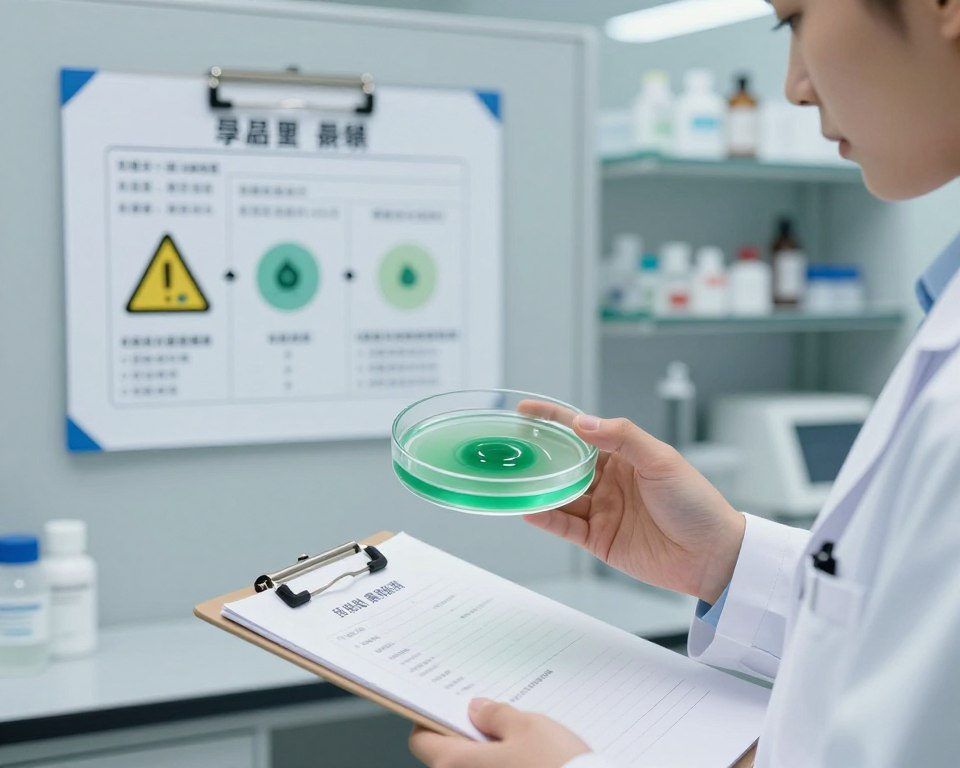 A clinical setting illustrating the concept of green diarrhea, focusing on a stylized depiction of liquid stool. In the foreground, a medical professional in a lab coat holds a clipboard, observing a sample in a clear petri dish that shows a striking green, watery substance. The middle layer features a chart on a nearby wall, highlighting the causes of green stool changes, such as antibiotics, and a warning sign indicating Clostridium difficile infection risk. The background displays soft lighting that emphasizes the sterile environment of a medical lab, with blurred shelves filled with medical supplies. The overall atmosphere conveys urgency and professionalism, highlighting the importance of recognizing this clinical red flag. The image is well-balanced and composed, with a focus on clarity and detail. A clinical setting illustrating the concept of green diarrhea, focusing on a stylized depiction of liquid stool. In the foreground, a medical professional in a lab coat holds a clipboard, observing a sample in a clear petri dish that shows a striking green, watery substance. The middle layer features a chart on a nearby wall, highlighting the causes of green stool changes, such as antibiotics, and a warning sign indicating Clostridium difficile infection risk. The background displays soft lighting that emphasizes the sterile environment of a medical lab, with blurred shelves filled with medical supplies. The overall atmosphere conveys urgency and professionalism, highlighting the importance of recognizing this clinical red flag. The image is well-balanced and composed, with a focus on clarity and detail.