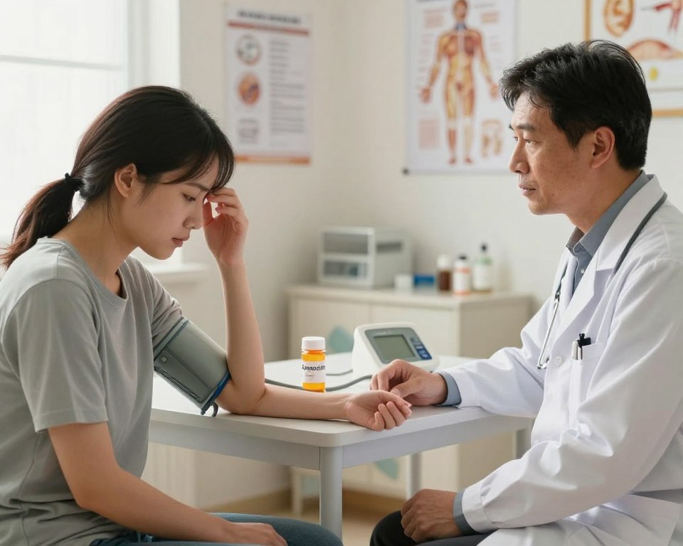 A clinical setting illustrating the impact of antibiotics like Amoxicillin on health, focusing on sudden dizziness due to blood pressure fluctuations. In the foreground, a professional-looking doctor, dressed in a white lab coat, examines a patient sitting in a medical chair, displaying a concerned expression. The middle ground shows a table with prescription medication bottles labeled "Amoxicillin" and a blood pressure monitor. In the background, a softly lit examination room filled with medical charts and anatomical posters, creating a sense of clinical professionalism. The lighting is warm and inviting, simulating natural light. The atmosphere is serious but informative, emphasizing the importance of monitoring health during medication.
