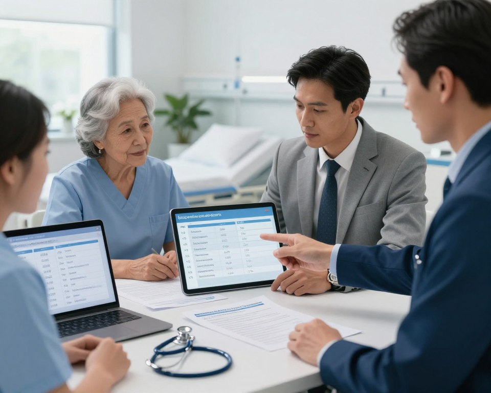 A clinical setting illustrating the risk factors for C. diff infection. In the foreground, a diverse group of three professionals in modest business attire, one pointing at a digital chart displaying statistics on antibiotic use, age, and hospitalizations. In the middle, a large table with medical documents, a stethoscope, and a laptop showing a list of risk factors like antibiotic therapy, long-term hospitalization, and older age. The background features a clean, well-lit hospital ward with soft, diffused lighting and plants, creating an atmosphere of health and care. The angle captures both the focus on the professionals and the informative elements around them, emphasizing the importance of understanding these risk factors. A clinical setting illustrating the risk factors for C. diff infection. In the foreground, a diverse group of three professionals in modest business attire, one pointing at a digital chart displaying statistics on antibiotic use, age, and hospitalizations. In the middle, a large table with medical documents, a stethoscope, and a laptop showing a list of risk factors like antibiotic therapy, long-term hospitalization, and older age. The background features a clean, well-lit hospital ward with soft, diffused lighting and plants, creating an atmosphere of health and care. The angle captures both the focus on the professionals and the informative elements around them, emphasizing the importance of understanding these risk factors.