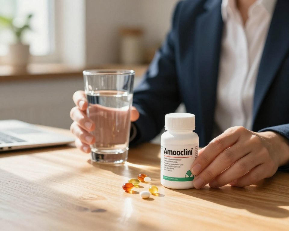 A close-up composition featuring a person in professional business attire, holding a glass of water and a bottle of Amoxicillin alongside a container of multivitamins on a well-lit wooden table. The foreground includes clear, vividly labeled pill bottles and colorful multivitamins scattered attractively. In the middle ground, soft sunlight filters through a window, casting gentle shadows and providing a warm, inviting atmosphere. The background is softly blurred to focus on the subject, hinting at a cozy kitchen or study environment with plants subtly visible. The overall mood conveys a sense of health, wellness, and the importance of nutritional balance. A close-up composition featuring a person in professional business attire, holding a glass of water and a bottle of Amoxicillin alongside a container of multivitamins on a well-lit wooden table. The foreground includes clear, vividly labeled pill bottles and colorful multivitamins scattered attractively. In the middle ground, soft sunlight filters through a window, casting gentle shadows and providing a warm, inviting atmosphere. The background is softly blurred to focus on the subject, hinting at a cozy kitchen or study environment with plants subtly visible. The overall mood conveys a sense of health, wellness, and the importance of nutritional balance.