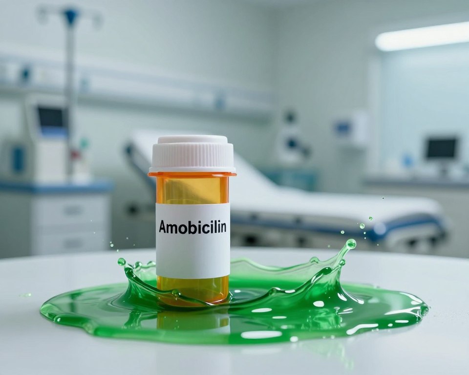 A close-up depiction of a prescription bottle labeled "Amoxicillin" prominently in the foreground, surrounded by vibrant green, watery diarrhea in a hospital setting. The liquid splashes artistically, creating a stark contrast with the brown and white of the clinical environment. In the middle ground, a blurred view of medical equipment, like an IV stand and charts, to suggest urgency and seriousness. The background features a sterile hospital room with soft white lighting reflecting off glossy surfaces, enhancing the clinical atmosphere. An overall tone of caution and concern is achieved through a slightly darkened lighting scheme, emphasizing the potential dangers associated with antibiotic use and its effects on digestion. A close-up depiction of a prescription bottle labeled "Amoxicillin" prominently in the foreground, surrounded by vibrant green, watery diarrhea in a hospital setting. The liquid splashes artistically, creating a stark contrast with the brown and white of the clinical environment. In the middle ground, a blurred view of medical equipment, like an IV stand and charts, to suggest urgency and seriousness. The background features a sterile hospital room with soft white lighting reflecting off glossy surfaces, enhancing the clinical atmosphere. An overall tone of caution and concern is achieved through a slightly darkened lighting scheme, emphasizing the potential dangers associated with antibiotic use and its effects on digestion.