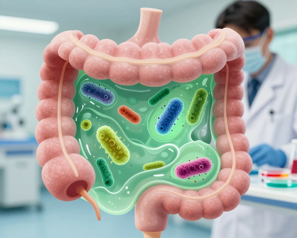 A close-up illustration depicting the risks of Clostridioides difficile infection. In the foreground, a stylized human gut with visible layers, highlighting areas affected by C. diff, surrounded by green watery liquid that symbolizes diarrhea. The middle layer shows bacteria visualized as vivid, abstract shapes that represent C. difficile spores. In the background, a subtle hospital setting with soft lighting, creating an atmosphere of caution. A microbiologist in professional attire examines petri dishes filled with colorful cultures, emphasizing the research aspect of infection prevention. The overall mood is serious and educational, utilizing natural lighting to enhance the clinical focus, with a slight depth of field to draw attention to the gut illustration. A close-up illustration depicting the risks of Clostridioides difficile infection. In the foreground, a stylized human gut with visible layers, highlighting areas affected by C. diff, surrounded by green watery liquid that symbolizes diarrhea. The middle layer shows bacteria visualized as vivid, abstract shapes that represent C. difficile spores. In the background, a subtle hospital setting with soft lighting, creating an atmosphere of caution. A microbiologist in professional attire examines petri dishes filled with colorful cultures, emphasizing the research aspect of infection prevention. The overall mood is serious and educational, utilizing natural lighting to enhance the clinical focus, with a slight depth of field to draw attention to the gut illustration.