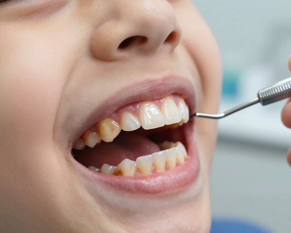 A close-up of a child's set of teeth with noticeable discoloration, showcasing intrinsic and extrinsic staining effects caused by amoxicillin. The foreground includes the teeth with a glossy, enamel-like finish, reflecting soft light to highlight the contrast of brownish stains against the natural color. In the middle ground, there's a dental examination setting with dental tools subtly blurred to keep focus on the teeth. The background features a softly lit clinic environment, enhancing a professional and informative atmosphere. Use a neutral color palette with soft, indirect lighting to create a calm mood, emphasizing the dental health theme without any overwhelming distractions. The image should evoke a sense of concern and care, pertinent to the subject of dental safety for children. A close-up of a child's set of teeth with noticeable discoloration, showcasing intrinsic and extrinsic staining effects caused by amoxicillin. The foreground includes the teeth with a glossy, enamel-like finish, reflecting soft light to highlight the contrast of brownish stains against the natural color. In the middle ground, there's a dental examination setting with dental tools subtly blurred to keep focus on the teeth. The background features a softly lit clinic environment, enhancing a professional and informative atmosphere. Use a neutral color palette with soft, indirect lighting to create a calm mood, emphasizing the dental health theme without any overwhelming distractions. The image should evoke a sense of concern and care, pertinent to the subject of dental safety for children.