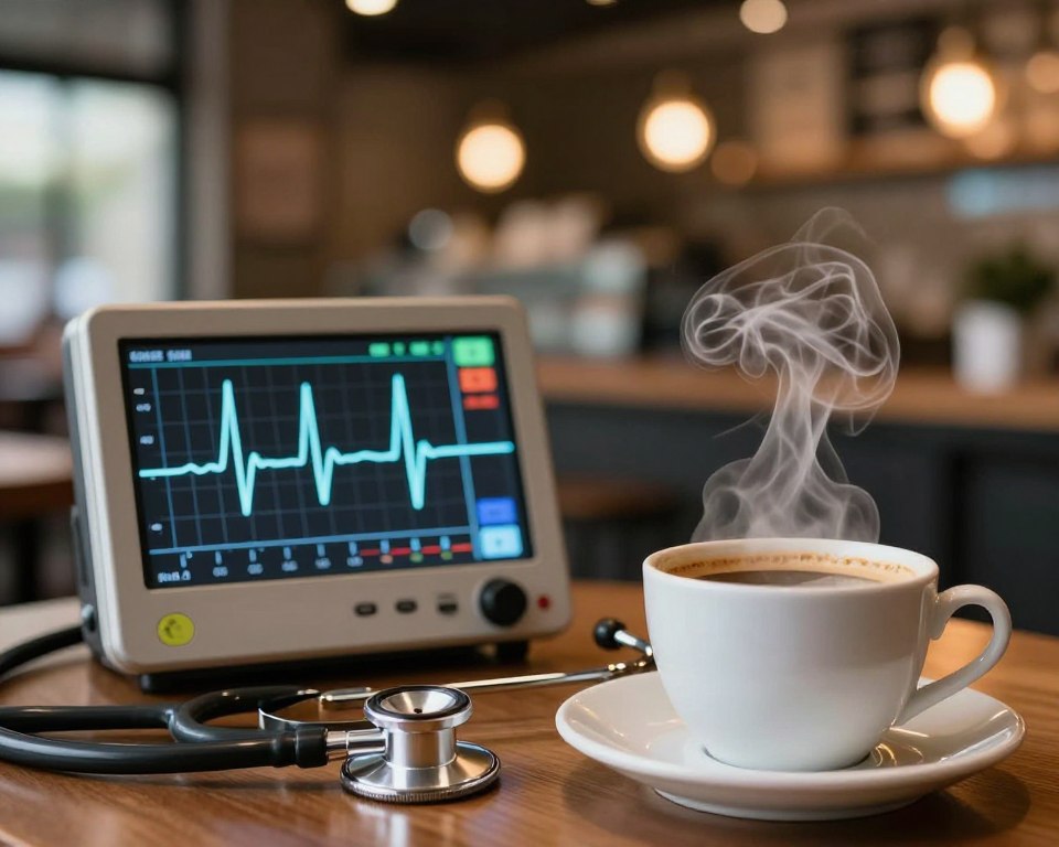 A close-up of a heart rate monitor displaying fluctuating heartbeat lines, symbolizing the impact of caffeine sensitivity on the cardiovascular system. In the foreground, a steaming cup of coffee sits on a table, with tendrils of vapor curling upwards, representing the stimulating effects of caffeine. The middle layer features a stethoscope artistically intertwined with the heartbeat line, emphasizing the medical theme. The background should be softly blurred, depicting a warm, warmly lit café environment, with soft bokeh lights creating an inviting yet tense atmosphere. The lighting should be warm and diffuse, suggesting a sense of alertness and reflection. The overall mood conveys a blend of curiosity and concern, with an emphasis on health and physiological effects. A close-up of a heart rate monitor displaying fluctuating heartbeat lines, symbolizing the impact of caffeine sensitivity on the cardiovascular system. In the foreground, a steaming cup of coffee sits on a table, with tendrils of vapor curling upwards, representing the stimulating effects of caffeine. The middle layer features a stethoscope artistically intertwined with the heartbeat line, emphasizing the medical theme. The background should be softly blurred, depicting a warm, warmly lit café environment, with soft bokeh lights creating an inviting yet tense atmosphere. The lighting should be warm and diffuse, suggesting a sense of alertness and reflection. The overall mood conveys a blend of curiosity and concern, with an emphasis on health and physiological effects.