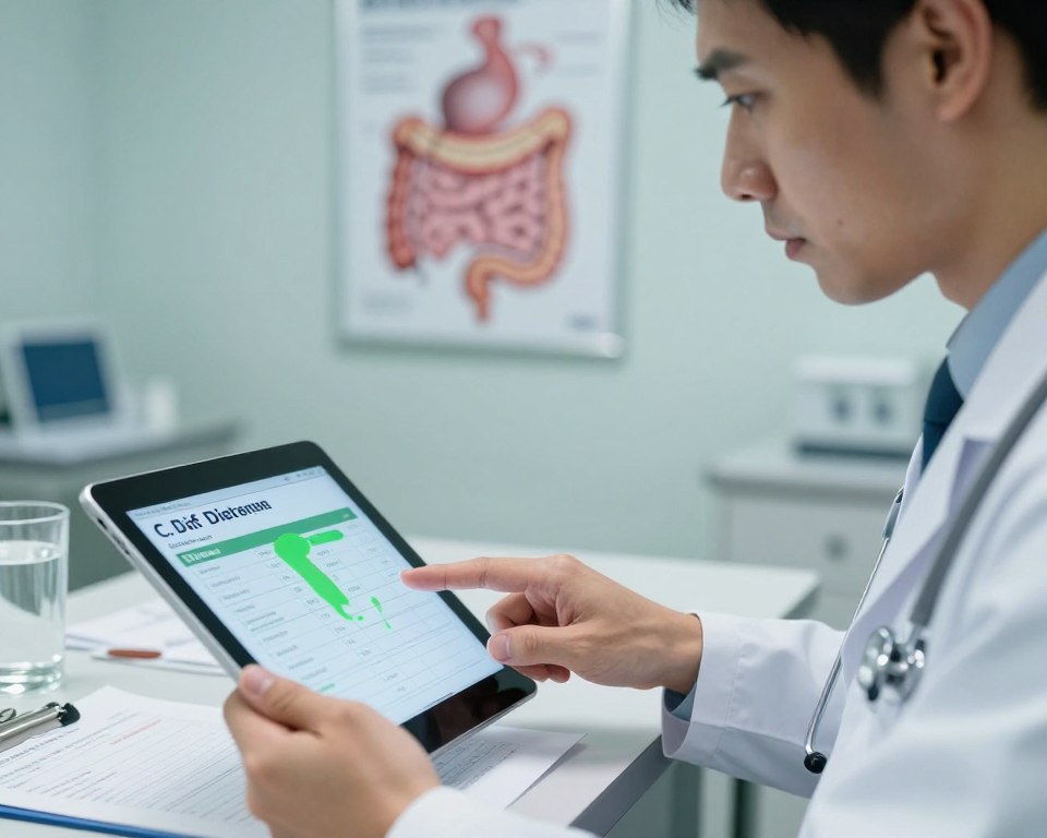 A close-up of a medical professional in a sterile examination room, reviewing patient information related to gastrointestinal distress due to Amoxicillin use. The foreground features a serious-looking doctor in a white lab coat, with stethoscope around their neck, pointing at a digital tablet displaying symptoms like green watery diarrhea. In the middle ground, a clinical desk with medical charts, prescriptions, and a glass of water. The background shows a blurred view of a medical poster about gastrointestinal health, illuminated by soft overhead lighting that creates a clinical atmosphere. The mood is focused and informative, emphasizing the importance of diagnostic procedures in recognizing signs of C. diff infection. The image should evoke a sense of urgency and professionalism, ensuring no distractions from the main subject. A close-up of a medical professional in a sterile examination room, reviewing patient information related to gastrointestinal distress due to Amoxicillin use. The foreground features a serious-looking doctor in a white lab coat, with stethoscope around their neck, pointing at a digital tablet displaying symptoms like green watery diarrhea. In the middle ground, a clinical desk with medical charts, prescriptions, and a glass of water. The background shows a blurred view of a medical poster about gastrointestinal health, illuminated by soft overhead lighting that creates a clinical atmosphere. The mood is focused and informative, emphasizing the importance of diagnostic procedures in recognizing signs of C. diff infection. The image should evoke a sense of urgency and professionalism, ensuring no distractions from the main subject.