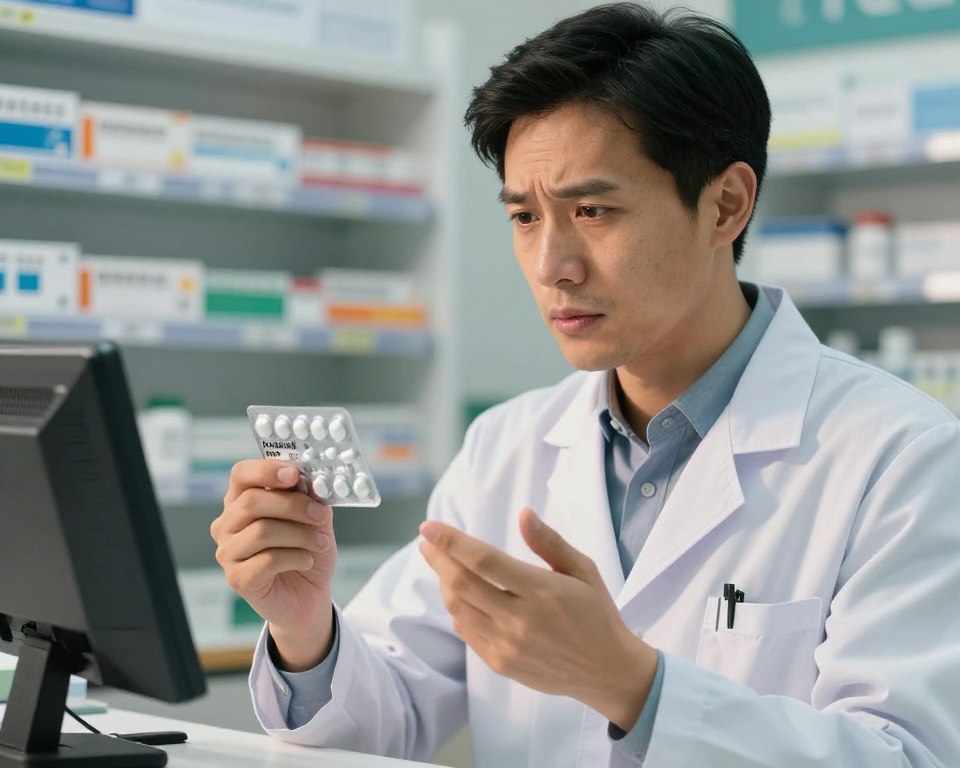 A close-up of a pharmacist in a professional business attire, thoughtfully examining a blister pack of amoxicillin in one hand while the other hand gestures towards a digital display showing medical data on dizziness and blood pressure. In the background, soft-focus shelves filled with various medications create a clinical atmosphere. The pharmacist's expression is concerned yet informed, symbolizing vigilance in patient safety. Warm, soft lighting highlights the pharmacist's face and the amoxicillin pack, casting gentle shadows that enhance the setting's depth. An emphasis on a clean and organized pharmacy environment conveys professionalism and care, underlining the importance of antibiotic safety. The overall mood is serious but reassuring, encouraging trust in the pharmacist’s expertise.