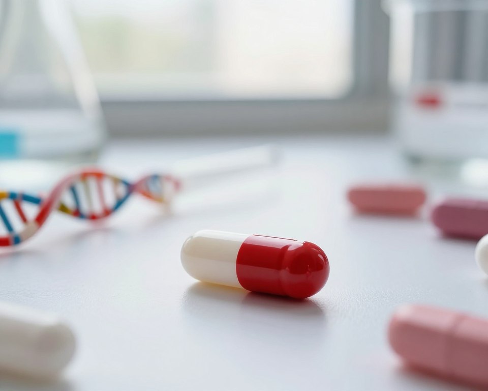 A close-up of an Amoxicillin capsule resting on a clean, sterile laboratory surface, surrounded by scientific equipment like beakers and pipettes. In the background, faint images of DNA strands and bacterial structures hint at the antibiotic's mechanism of action. Soft, natural daylight filters through a nearby window, creating a warm and inviting atmosphere. The focus should highlight the glossy texture of the capsule, showcasing its red and white colors. Use a shallow depth of field to create a blurred effect on the background elements, enhancing the foreground. The scene conveys a sense of professionalism and scientific inquiry, ideal for illustrating the role of antibiotics in medical contexts.