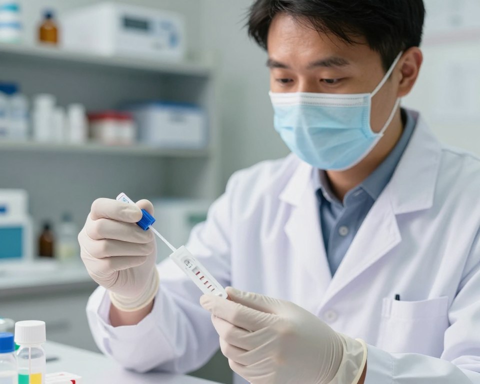 A close-up shot of a healthcare professional in a medical lab setting, wearing a white lab coat and gloves, skillfully performing a rapid strep test. The foreground features the test kit with visible reagents and sample swabs, while the middle area includes a focused look at the professional's hands conducting the test. In the background, shelves filled with medical equipment and vials create a sterile and organized atmosphere. Natural light floods the room, enhancing the cleanliness and professionalism of the scene. The overall mood is focused and clinical, conveying the importance of accurate diagnostic testing in healthcare. The camera angle is slightly above eye level, capturing the precision and attention to detail in the testing process. A close-up shot of a healthcare professional in a medical lab setting, wearing a white lab coat and gloves, skillfully performing a rapid strep test. The foreground features the test kit with visible reagents and sample swabs, while the middle area includes a focused look at the professional's hands conducting the test. In the background, shelves filled with medical equipment and vials create a sterile and organized atmosphere. Natural light floods the room, enhancing the cleanliness and professionalism of the scene. The overall mood is focused and clinical, conveying the importance of accurate diagnostic testing in healthcare. The camera angle is slightly above eye level, capturing the precision and attention to detail in the testing process.