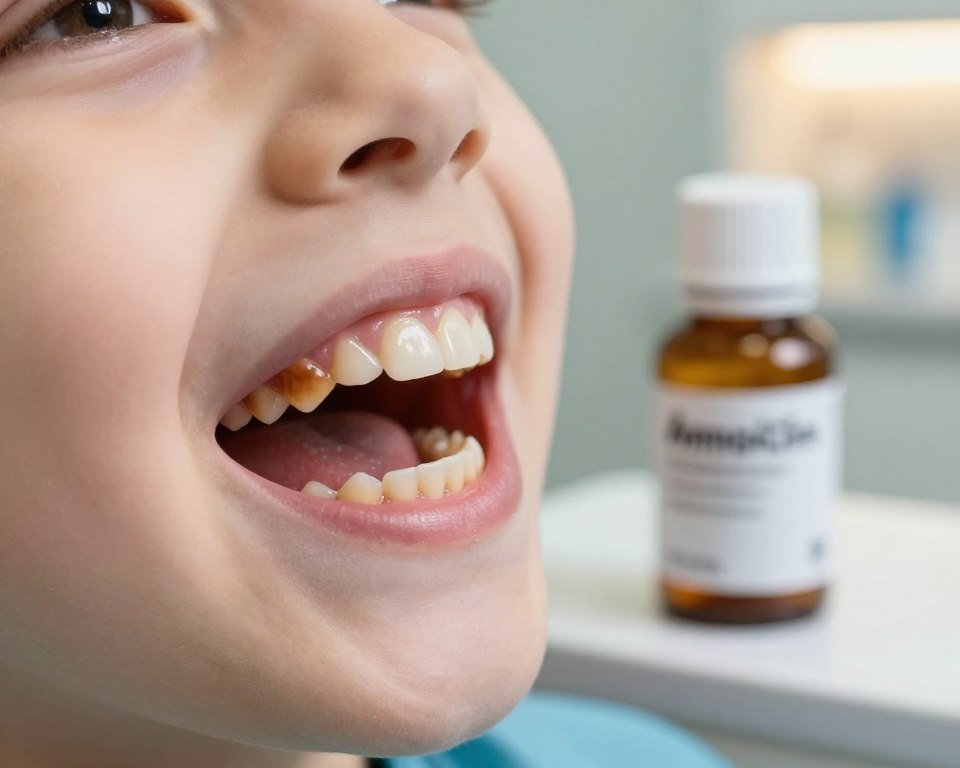 A close-up view of a child's mouth open slightly, revealing discolored teeth with shades of yellow and brown indicating antibiotic-induced tooth discoloration. The foreground showcases the teeth in vivid detail, highlighting the color changes and texture of the enamel. In the middle ground, a bottle of liquid amoxicillin medication is slightly blurred to emphasize the relationship between the medication and the discoloration. The background features a soft-focus dental clinic environment, with warm, inviting light that creates a clinical yet caring atmosphere. The angle is a slight tilt, focusing on the child's teeth while capturing the bottle and clinic subtly. The mood is educational, aiming to raise awareness about medication effects on dental health. A close-up view of a child's mouth open slightly, revealing discolored teeth with shades of yellow and brown indicating antibiotic-induced tooth discoloration. The foreground showcases the teeth in vivid detail, highlighting the color changes and texture of the enamel. In the middle ground, a bottle of liquid amoxicillin medication is slightly blurred to emphasize the relationship between the medication and the discoloration. The background features a soft-focus dental clinic environment, with warm, inviting light that creates a clinical yet caring atmosphere. The angle is a slight tilt, focusing on the child's teeth while capturing the bottle and clinic subtly. The mood is educational, aiming to raise awareness about medication effects on dental health.