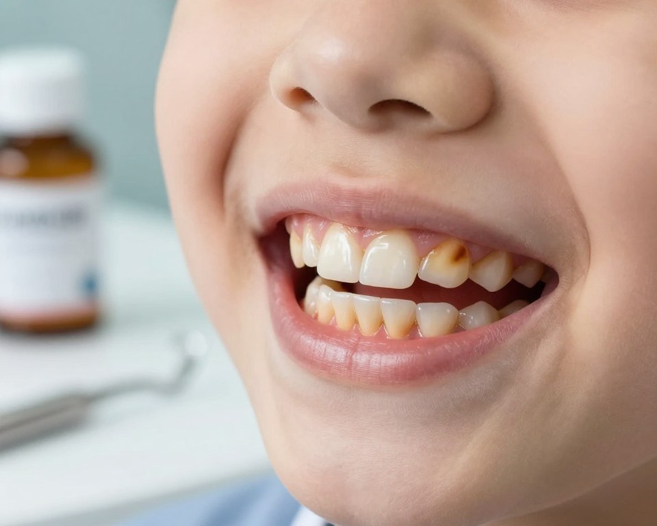 A close-up view of a child's mouth, showcasing a set of discolored teeth, specifically highlighting the enamel staining associated with amoxicillin use. The foreground captures the teeth with a focus on the yellowish-brown hues contrasting with healthy white enamel. In the middle ground, a subtle hint of dental tools suggests a professional dental environment. In the background, blurred images of amoxicillin bottles and dental charts convey context without overpowering the main subject. Soft, natural lighting illuminates the scene, creating a clinical yet approachable atmosphere. Shot at a 45-degree angle to emphasize depth and detail, this illustration reflects the biological mechanism of enamel staining effectively and informatively. A close-up view of a child's mouth, showcasing a set of discolored teeth, specifically highlighting the enamel staining associated with amoxicillin use. The foreground captures the teeth with a focus on the yellowish-brown hues contrasting with healthy white enamel. In the middle ground, a subtle hint of dental tools suggests a professional dental environment. In the background, blurred images of amoxicillin bottles and dental charts convey context without overpowering the main subject. Soft, natural lighting illuminates the scene, creating a clinical yet approachable atmosphere. Shot at a 45-degree angle to emphasize depth and detail, this illustration reflects the biological mechanism of enamel staining effectively and informatively.