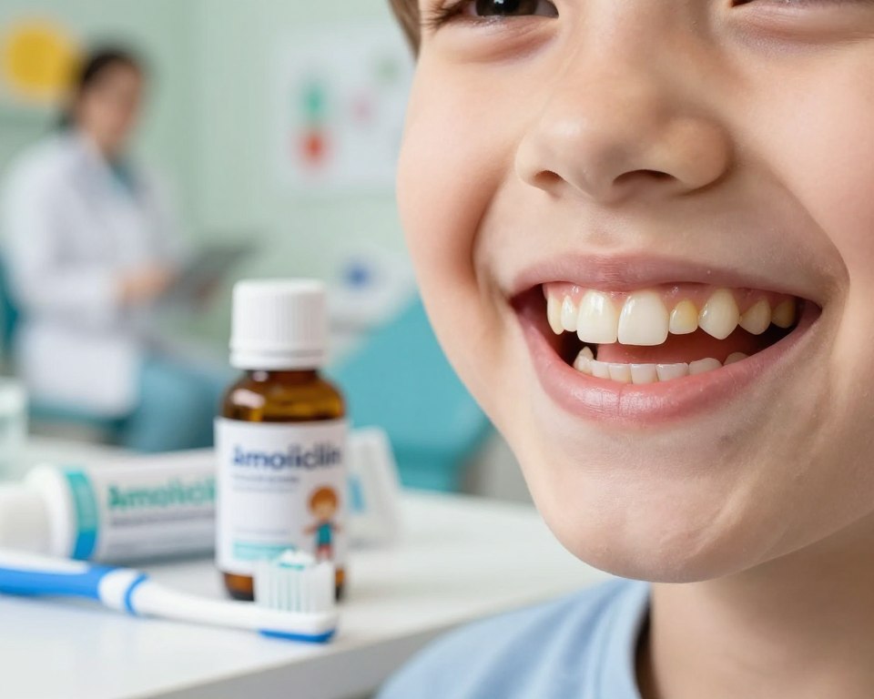 A close-up view of a child's mouth showcasing a set of healthy but slightly discolored teeth, emphasizing the effects of amoxicillin on tooth enamel. The foreground features a bright, inviting smile, highlighting the contrast between the white enamel and the subtle yellowing of the teeth. In the middle ground, a bottle of amoxicillin with child-safe labeling is placed alongside a toothbrush and toothpaste, symbolizing dental care. The background softly blurred displays a pediatric dentist's office with colorful decor, creating a friendly atmosphere. The lighting is warm and natural, enhancing the cheerful mood of the setting, while a shallow depth of field draws focus to the child's teeth and the medicine, reinforcing the section's theme of understanding amoxicillin's impact on dental health. A close-up view of a child's mouth showcasing a set of healthy but slightly discolored teeth, emphasizing the effects of amoxicillin on tooth enamel. The foreground features a bright, inviting smile, highlighting the contrast between the white enamel and the subtle yellowing of the teeth. In the middle ground, a bottle of amoxicillin with child-safe labeling is placed alongside a toothbrush and toothpaste, symbolizing dental care. The background softly blurred displays a pediatric dentist's office with colorful decor, creating a friendly atmosphere. The lighting is warm and natural, enhancing the cheerful mood of the setting, while a shallow depth of field draws focus to the child's teeth and the medicine, reinforcing the section's theme of understanding amoxicillin's impact on dental health.