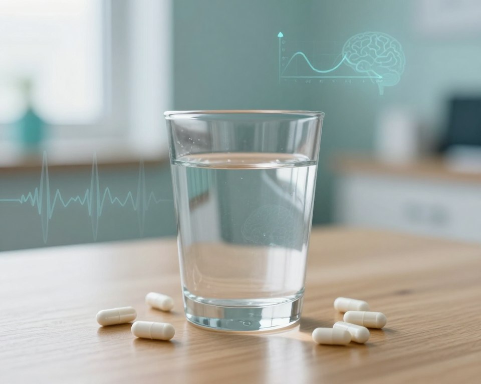 A close-up view of a clear glass of water on a wooden table, surrounded by scattered amoxicillin capsules in soft-focus. In the background, a blurred image of a serene medical office setting, featuring a calming color palette with soft blues and greens. Subtle graphics of an electrolyte balance chart and brainwave patterns faintly overlay the scene, symbolizing neurological stability. The lighting is soft and natural, coming from a nearby window, creating a warm and inviting atmosphere. The overall mood is professional yet soothing, emphasizing the importance of hydration and health.