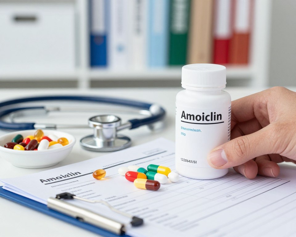 A close-up view of a clinical setting featuring a prescription pad, a pill bottle of Amoxicillin prominently labeled, and an assortment of colorful multivitamin tablets. In the foreground, a hand wearing a lab coat is placing a multivitamin next to the Amoxicillin bottle, symbolizing co-administration. The middle ground includes a stethoscope and a small white bowl with the multivitamins cascading elegantly. In the background, a softly blurred shelf lined with medical reference books adds context to the scene. Bright, diffused lighting creates a sterile and professional atmosphere, ideal for a clinical discussion. The angle is slightly elevated, providing a sense of focus on the medications while emphasizing the importance of their combined use. The mood is serious yet informative, highlighting clinical implications. A close-up view of a clinical setting featuring a prescription pad, a pill bottle of Amoxicillin prominently labeled, and an assortment of colorful multivitamin tablets. In the foreground, a hand wearing a lab coat is placing a multivitamin next to the Amoxicillin bottle, symbolizing co-administration. The middle ground includes a stethoscope and a small white bowl with the multivitamins cascading elegantly. In the background, a softly blurred shelf lined with medical reference books adds context to the scene. Bright, diffused lighting creates a sterile and professional atmosphere, ideal for a clinical discussion. The angle is slightly elevated, providing a sense of focus on the medications while emphasizing the importance of their combined use. The mood is serious yet informative, highlighting clinical implications.