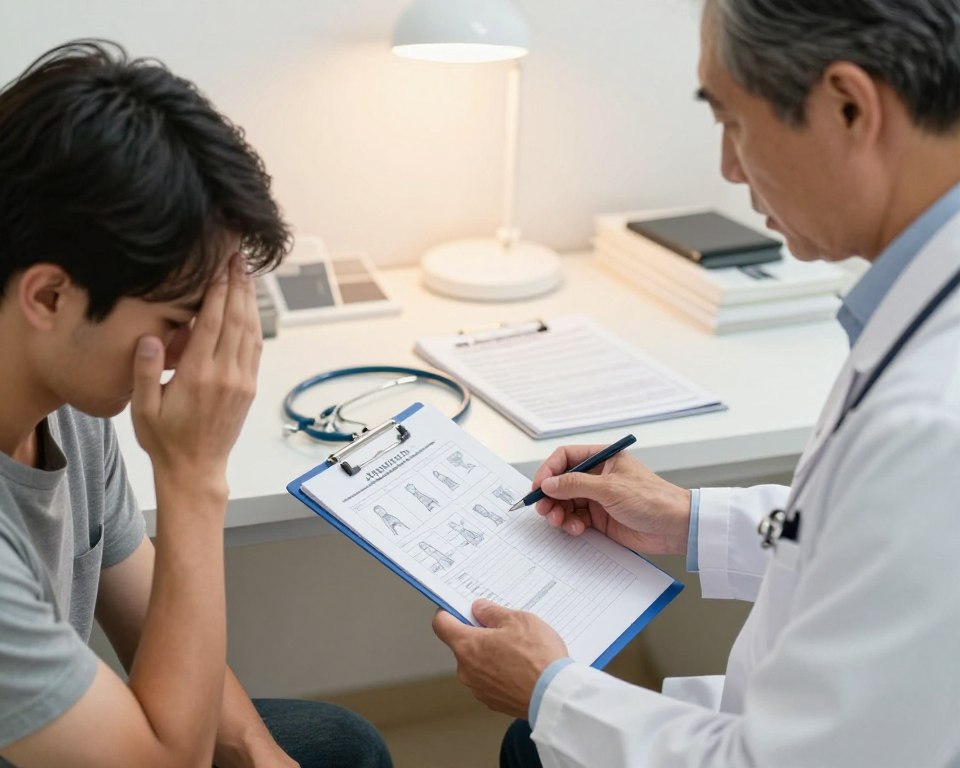 A close-up view of a doctor's office scene focusing on a professional healthcare provider, a middle-aged person in a white lab coat, examining a patient’s medical report with a concerned expression. In the foreground, the patient, a young adult in casual attire, sits nervously on an exam table, displaying visuals of dizziness, such as holding their head or appearing unsteady. The middle ground features a well-organized medical workspace, including medical charts, a stethoscope, and an open prescription pad with "Amoxicillin" visible. The background has a warm, inviting ambiance with soft overhead lighting highlighting the interaction, conveying a sense of urgency and care while emphasizing the importance of recognizing health warnings.