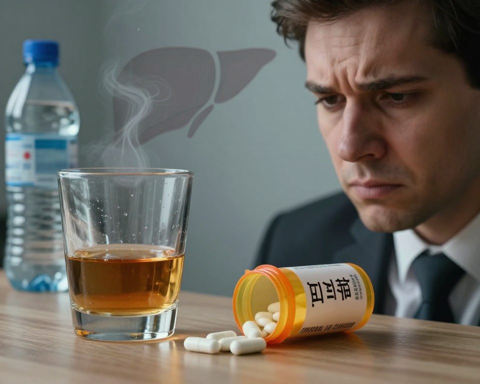 A close-up view of a glass of alcohol, partially filled and sweating, positioned next to an open prescription bottle containing amoxicillin capsules. In the foreground, a worried individual in professional attire, their brow furrowed in concern, gazes at the two items. In the middle ground, a faint outline of a liver illustration subtly hints at potential health risks, while dehydration indicators like a water bottle in the background emphasize the dangers. Soft, diffuse lighting creates a tense atmosphere, casting gentle shadows that highlight the gravity of the situation. The scene is shot from a slight angle to add depth, evoking a sense of urgency regarding the combination of medication and alcohol.