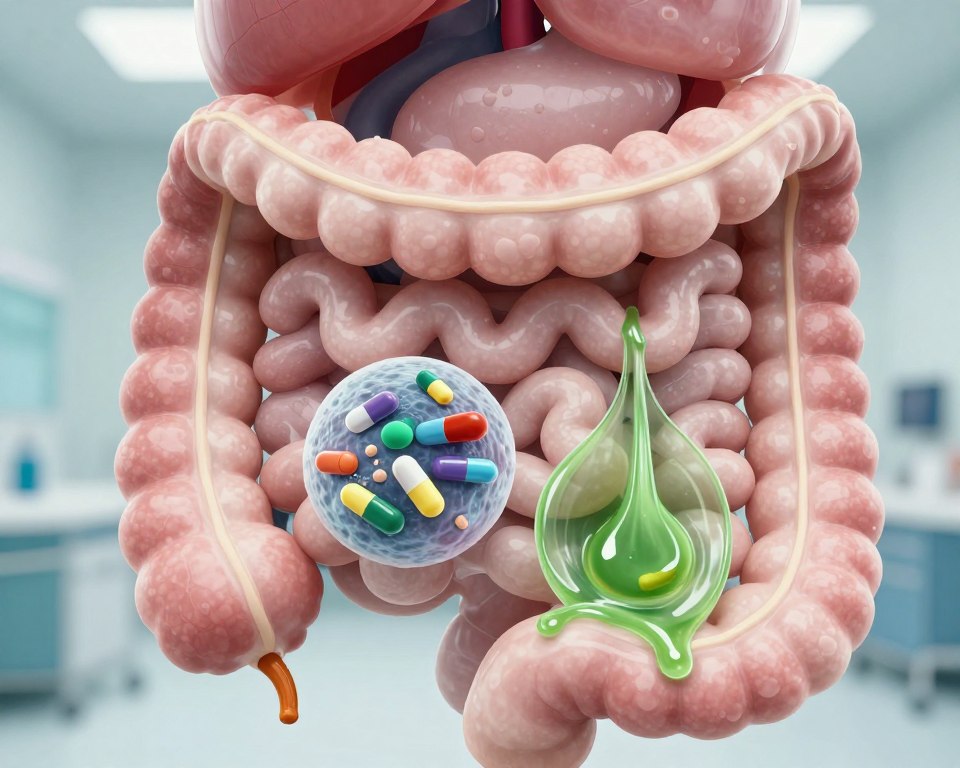 A close-up view of a human digestive system illustration, showcasing intricate details of the intestines, highlighting areas affected by antibiotic-associated diarrhea. In the foreground, emphasize a green, watery fluid representing diarrhea, flowing through the intestines. In the middle ground, depict microscopic images of disrupted gut flora intertwined with antibiotic capsules, symbolizing the imbalance caused by medication. The background should include a soft, blurred hospital or clinical setting, with diffused lighting to evoke a clinical atmosphere. The entire image should have a clean, informative feel, suitable for an educational context, with crisp details and no distractions, ensuring a focus on the biological process related to antibiotic use. A close-up view of a human digestive system illustration, showcasing intricate details of the intestines, highlighting areas affected by antibiotic-associated diarrhea. In the foreground, emphasize a green, watery fluid representing diarrhea, flowing through the intestines. In the middle ground, depict microscopic images of disrupted gut flora intertwined with antibiotic capsules, symbolizing the imbalance caused by medication. The background should include a soft, blurred hospital or clinical setting, with diffused lighting to evoke a clinical atmosphere. The entire image should have a clean, informative feel, suitable for an educational context, with crisp details and no distractions, ensuring a focus on the biological process related to antibiotic use.