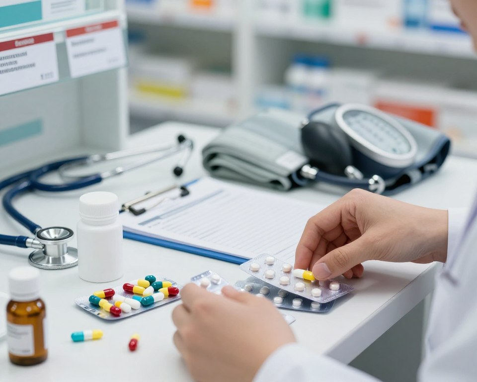 A close-up view of a pharmacist’s workspace featuring a variety of colorful capsules and pills, with a focus on amoxicillin tablets prominently displayed. In the foreground, a hand wearing a white lab coat is placing birth control pill packs beside the amoxicillin, symbolizing interaction between the two. The middle layer shows an open tablet bottle and a prescription pad, with essential medical tools like a stethoscope and a blood pressure monitor subtly arranged. In the background, a softly blurred pharmacy environment filled with medicine shelves and prescription labels. Soft, natural lighting illuminates the scene, creating a professional and informative atmosphere. The composition captures a sense of caution and care in medication management, reflecting the importance of understanding drug interactions.