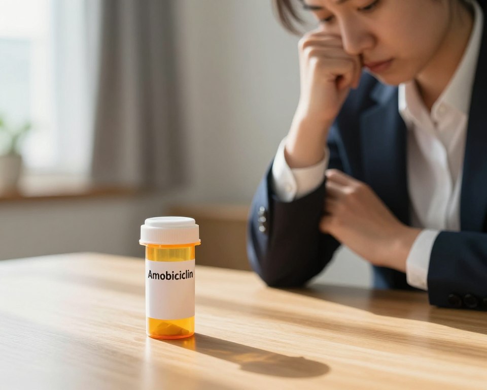 A close-up view of a prescription bottle labeled "Amoxicillin" placed on a calm wooden table, with a background featuring a blurred, serene room evoking a sense of tranquility. In the foreground, show a professional individual dressed in smart business attire, looking pensively at the bottle, with subtle signs of anxiety on their face—perhaps lightly clenching their hands or fidgeting. Soft, diffuse natural light streams in from a nearby window, casting gentle shadows that enhance the mood of introspection. The background subtly fades into comforting colors like soft pastels, creating an atmosphere of contemplation and awareness about the medication’s potential side effects on mental health.