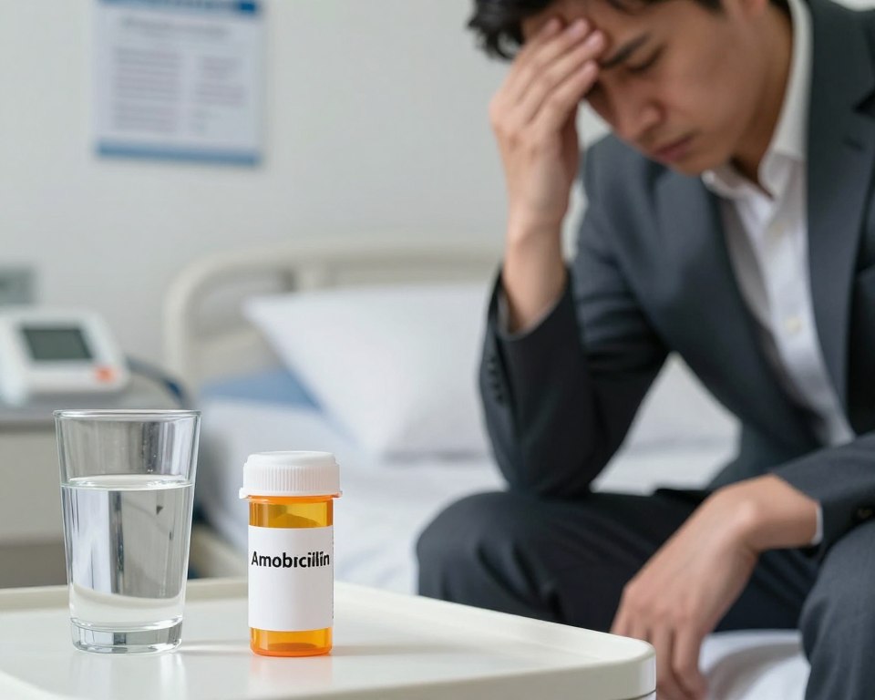 A close-up view of a prescription bottle labeled "Amoxicillin" resting on a patient’s bedside table. In the foreground, a glass of water is partially filled, capturing the glint of light. A person in professional business attire is seated on the edge of the bed, their hand pressed against their forehead, exhibiting a moment of dizziness. Their expression conveys concern, with a soft frown. In the background, the room is softly lit, featuring a blurred medical chart on the wall and a faint outline of a blood pressure monitor, suggesting a clinical environment. The overall atmosphere is tense yet focused, highlighting the connection between medication and sudden dizziness while emphasizing the importance of hydration.