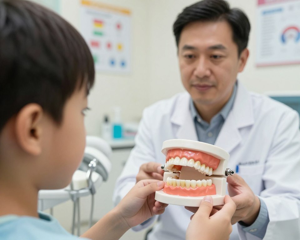 A close-up view of a set of children's teeth, highlighting the effects of antibiotic-induced tooth discoloration specifically linked to amoxicillin use. The foreground features a child’s brightly colored dental model showcasing a range of enamel shades, some areas showing yellowish or darkened discoloration. In the middle ground, a pediatric dentist in professional attire examines the model with a thoughtful expression, emphasizing the importance of dental health. The background contains a softly lit pediatric dental office with tools and charts on the walls, creating an educational atmosphere. Use warm natural lighting to convey a sense of care and professionalism, shot at eye level to focus on both the teeth and the dentist’s interaction. The mood should be informative and slightly cautionary, highlighting the topic's significance in pediatric health. A close-up view of a set of children's teeth, highlighting the effects of antibiotic-induced tooth discoloration specifically linked to amoxicillin use. The foreground features a child’s brightly colored dental model showcasing a range of enamel shades, some areas showing yellowish or darkened discoloration. In the middle ground, a pediatric dentist in professional attire examines the model with a thoughtful expression, emphasizing the importance of dental health. The background contains a softly lit pediatric dental office with tools and charts on the walls, creating an educational atmosphere. Use warm natural lighting to convey a sense of care and professionalism, shot at eye level to focus on both the teeth and the dentist’s interaction. The mood should be informative and slightly cautionary, highlighting the topic's significance in pediatric health.