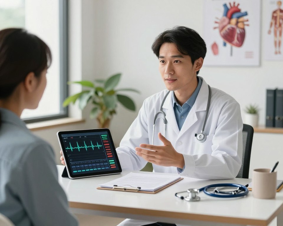 A compassionate healthcare professional in a white coat, standing in a modern, well-lit office, discussing important health signs with a concerned patient. The foreground features the healthcare professional gesturing towards a digital tablet displaying a heart rate graph, indicating fluctuations. The middle ground showcases a desk with medical literature and a stethoscope, symbolizing a professional environment. In the background, a calming plant and anatomical posters of the heart and cardiovascular system create a reassuring atmosphere. Soft natural light filters in through a large window, adding warmth to the scene. The mood is empathetic and informative, emphasizing the importance of timely medical consultation regarding health-related concerns. A compassionate healthcare professional in a white coat, standing in a modern, well-lit office, discussing important health signs with a concerned patient. The foreground features the healthcare professional gesturing towards a digital tablet displaying a heart rate graph, indicating fluctuations. The middle ground showcases a desk with medical literature and a stethoscope, symbolizing a professional environment. In the background, a calming plant and anatomical posters of the heart and cardiovascular system create a reassuring atmosphere. Soft natural light filters in through a large window, adding warmth to the scene. The mood is empathetic and informative, emphasizing the importance of timely medical consultation regarding health-related concerns.