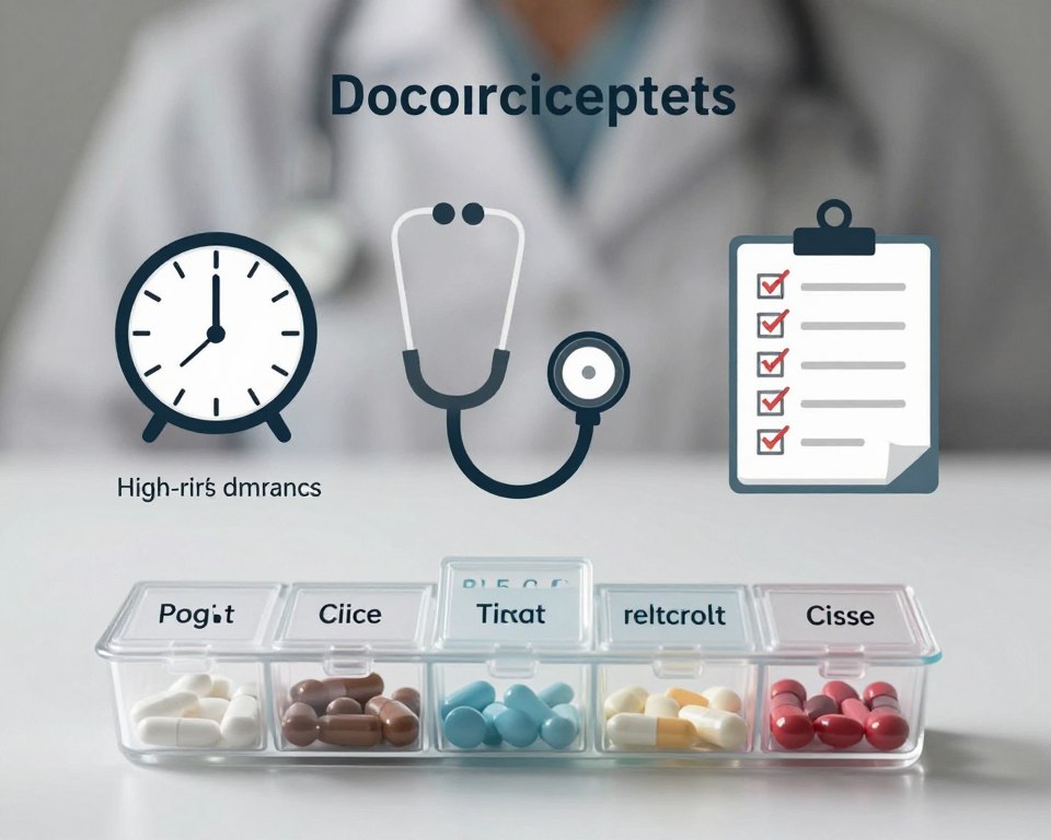 A conceptual representation of factors affecting the effectiveness of contraception, featuring a well-organized, infographic style layout. In the foreground, a clear glass pill organizer filled with different contraceptive pills, each labeled with their names. In the middle, various symbolic elements including a clock representing timing, a stethoscope for health considerations, and an illustrated checklist highlighting common high-risk scenarios like antibiotics interaction and missed doses. The background softly fades into a monochromatic gradient, suggesting a clinical atmosphere. The lighting is bright, illuminating the foreground elements with a focus effect, while subtly rendering the background less prominent. The overall mood conveys a sense of professionalism and caution, ideal for educating readers on contraceptive considerations.