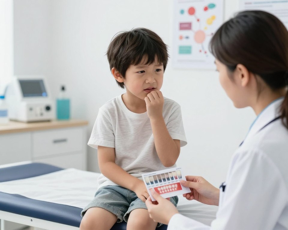A concerned pediatrician in a bright, sterile clinic environment examines a young child, who is sitting on an examination table, wearing modest casual clothing. The child displays a range of emotions, such as confusion and discomfort, indicating possible side effects of amoxicillin. In the foreground, a color chart illustrating teeth discoloration is visible, capturing the viewer's attention. The middle ground features medical equipment and educational posters about antibiotic impacts. Soft, natural lighting illuminates the space, enhancing the emotional tone of concern and professionalism. The camera angle is slightly raised, offering a comprehensive view, and creating an atmosphere that emphasizes the importance of understanding antibiotic side effects in children without any text or additional distractions. A concerned pediatrician in a bright, sterile clinic environment examines a young child, who is sitting on an examination table, wearing modest casual clothing. The child displays a range of emotions, such as confusion and discomfort, indicating possible side effects of amoxicillin. In the foreground, a color chart illustrating teeth discoloration is visible, capturing the viewer's attention. The middle ground features medical equipment and educational posters about antibiotic impacts. Soft, natural lighting illuminates the space, enhancing the emotional tone of concern and professionalism. The camera angle is slightly raised, offering a comprehensive view, and creating an atmosphere that emphasizes the importance of understanding antibiotic side effects in children without any text or additional distractions.