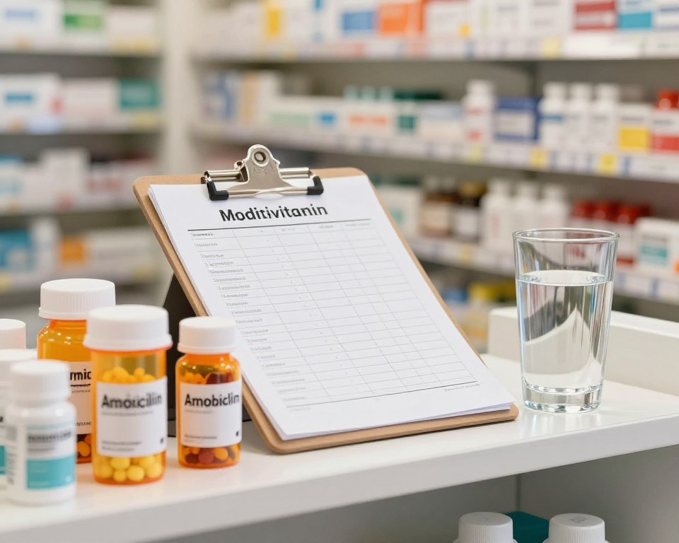 A detailed and informative composition showcasing the co-administration of Amoxicillin and Multivitamins. In the foreground, a well-organized medicine cabinet with prescription bottles of Amoxicillin and colorful multivitamin bottles, alongside a glass of water. The middle layer features a clipboard with a medication adherence checklist, emphasizing patient safety. The background depicts a softly lit pharmacy setting with shelves stocked with various health products, suggesting a focus on health and wellness. Use warm, inviting lighting to evoke a sense of trust and professionalism. The angle is slightly elevated, providing a clear view of the interaction between the medications and the emphasis on adherence. Overall, the mood should be reassuring and educational, highlighting the importance of proper medication management without any distractions. A detailed and informative composition showcasing the co-administration of Amoxicillin and Multivitamins. In the foreground, a well-organized medicine cabinet with prescription bottles of Amoxicillin and colorful multivitamin bottles, alongside a glass of water. The middle layer features a clipboard with a medication adherence checklist, emphasizing patient safety. The background depicts a softly lit pharmacy setting with shelves stocked with various health products, suggesting a focus on health and wellness. Use warm, inviting lighting to evoke a sense of trust and professionalism. The angle is slightly elevated, providing a clear view of the interaction between the medications and the emphasis on adherence. Overall, the mood should be reassuring and educational, highlighting the importance of proper medication management without any distractions.