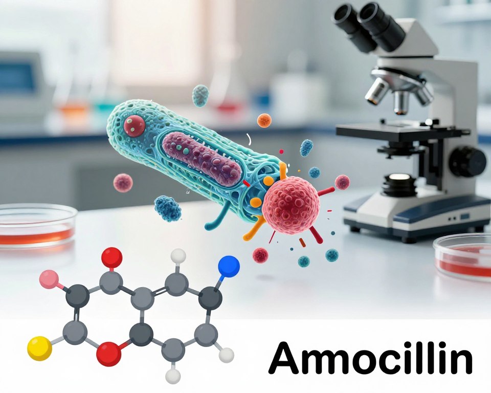 A detailed and informative illustration depicting the mechanism of Amoxicillin. In the foreground, focus on molecular structures illustrating Amoxicillin’s chemical composition, with vibrant colors highlighting its functional groups. In the middle ground, visualize the interaction between Amoxicillin and bacteria, showcasing a bacterial cell wall being disrupted by the drug, represented with detailed textures and biological elements. In the background, create a soft-focus laboratory setting with scientific equipment like microscopes and petri dishes, casting a warm, inviting glow. The lighting should be bright and clinical, emphasizing clarity and precision. Capture a mood of discovery and education, with angles that present an engaging perspective on the dynamic interactions at a molecular level, all rendered in a realistic style. A detailed and informative illustration depicting the mechanism of Amoxicillin. In the foreground, focus on molecular structures illustrating Amoxicillin’s chemical composition, with vibrant colors highlighting its functional groups. In the middle ground, visualize the interaction between Amoxicillin and bacteria, showcasing a bacterial cell wall being disrupted by the drug, represented with detailed textures and biological elements. In the background, create a soft-focus laboratory setting with scientific equipment like microscopes and petri dishes, casting a warm, inviting glow. The lighting should be bright and clinical, emphasizing clarity and precision. Capture a mood of discovery and education, with angles that present an engaging perspective on the dynamic interactions at a molecular level, all rendered in a realistic style.