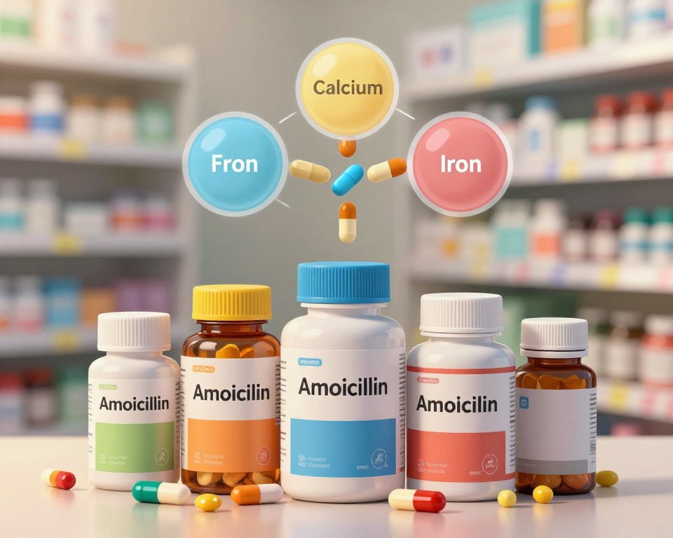 A detailed close-up illustration highlighting the risks associated with taking Amoxicillin and multivitamins together. In the foreground, a variety of colorful supplement bottles and capsules, prominently featuring Amoxicillin and multivitamins, are arranged. In the middle ground, a clear, illustrated diagram of key minerals such as calcium, magnesium, and iron is displayed, showcasing their interaction with the medications. The background features a softly blurred pharmacy shelf, creating a clinical atmosphere. The lighting is warm yet focused, emphasizing the supplements, while subtle shadows add depth. The mood is informative and cautionary, aiming to convey the importance of understanding potential interactions with a professional yet accessible presentation. A detailed close-up illustration highlighting the risks associated with taking Amoxicillin and multivitamins together. In the foreground, a variety of colorful supplement bottles and capsules, prominently featuring Amoxicillin and multivitamins, are arranged. In the middle ground, a clear, illustrated diagram of key minerals such as calcium, magnesium, and iron is displayed, showcasing their interaction with the medications. The background features a softly blurred pharmacy shelf, creating a clinical atmosphere. The lighting is warm yet focused, emphasizing the supplements, while subtle shadows add depth. The mood is informative and cautionary, aiming to convey the importance of understanding potential interactions with a professional yet accessible presentation.