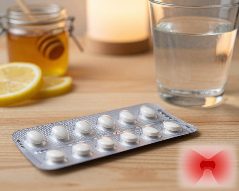 A detailed close-up of a blister pack of Amoxicillin tablets placed on a wooden table, with a glass of water nearby. In the background, a blurred image of a warm light emanating from a lamp creates a cozy, inviting atmosphere. On the table, there are also some fresh lemon slices and a honey jar, symbolizing natural remedies for sore throats. The lighting is soft, casting gentle shadows that evoke a sense of calmness. The overall color palette should feature warm tones that convey comfort while also reflecting the seriousness of treating a viral infection. The composition should focus on the medicinal aspect, highlighting the connection between Amoxicillin and common symptoms of viral pharyngitis, such as redness or inflammation in throat illustrations subtly included in the image. A detailed close-up of a blister pack of Amoxicillin tablets placed on a wooden table, with a glass of water nearby. In the background, a blurred image of a warm light emanating from a lamp creates a cozy, inviting atmosphere. On the table, there are also some fresh lemon slices and a honey jar, symbolizing natural remedies for sore throats. The lighting is soft, casting gentle shadows that evoke a sense of calmness. The overall color palette should feature warm tones that convey comfort while also reflecting the seriousness of treating a viral infection. The composition should focus on the medicinal aspect, highlighting the connection between Amoxicillin and common symptoms of viral pharyngitis, such as redness or inflammation in throat illustrations subtly included in the image.