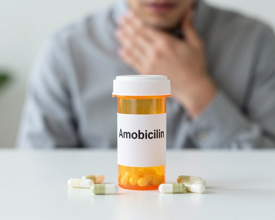 A detailed close-up of a prescription bottle labeled "Amoxicillin" surrounded by scattered capsules on a clean, white surface. In the background, a blurred image of a concerned individual, dressed in professional casual attire, holding their throat, subtly suggesting discomfort. Soft, natural lighting illuminates the scene, creating a calm yet serious atmosphere. The focus is sharp on the prescription bottle, with a shallow depth of field to emphasize the dangers of antibiotic misuse. The composition conveys urgency and the importance of appropriate medication usage, without any text or branding. The image should evoke a sense of caution and awareness regarding the misconceptions surrounding antibiotics and viral infections. A detailed close-up of a prescription bottle labeled "Amoxicillin" surrounded by scattered capsules on a clean, white surface. In the background, a blurred image of a concerned individual, dressed in professional casual attire, holding their throat, subtly suggesting discomfort. Soft, natural lighting illuminates the scene, creating a calm yet serious atmosphere. The focus is sharp on the prescription bottle, with a shallow depth of field to emphasize the dangers of antibiotic misuse. The composition conveys urgency and the importance of appropriate medication usage, without any text or branding. The image should evoke a sense of caution and awareness regarding the misconceptions surrounding antibiotics and viral infections.