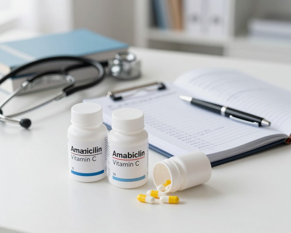A detailed display of Amoxicillin and Vitamin C supplements arranged on a clean, white surface in a clinical setting. In the foreground, focus on a bottle of Amoxicillin capsules alongside a bottle of Vitamin C tablets, with a few capsules and tablets scattered around. The middle layer features a professional notebook open with handwritten notes on recommended dosages, accompanied by a sleek pen. In the background, softly blurred, are medical reference books and a stethoscope to suggest a healthcare environment. The room is illuminated by soft, natural light, creating a calm and informative atmosphere. The shot is taken with a slight overhead angle to capture the entire scene, ensuring clarity and focus on the supplements and dosage guidelines. A detailed display of Amoxicillin and Vitamin C supplements arranged on a clean, white surface in a clinical setting. In the foreground, focus on a bottle of Amoxicillin capsules alongside a bottle of Vitamin C tablets, with a few capsules and tablets scattered around. The middle layer features a professional notebook open with handwritten notes on recommended dosages, accompanied by a sleek pen. In the background, softly blurred, are medical reference books and a stethoscope to suggest a healthcare environment. The room is illuminated by soft, natural light, creating a calm and informative atmosphere. The shot is taken with a slight overhead angle to capture the entire scene, ensuring clarity and focus on the supplements and dosage guidelines.
