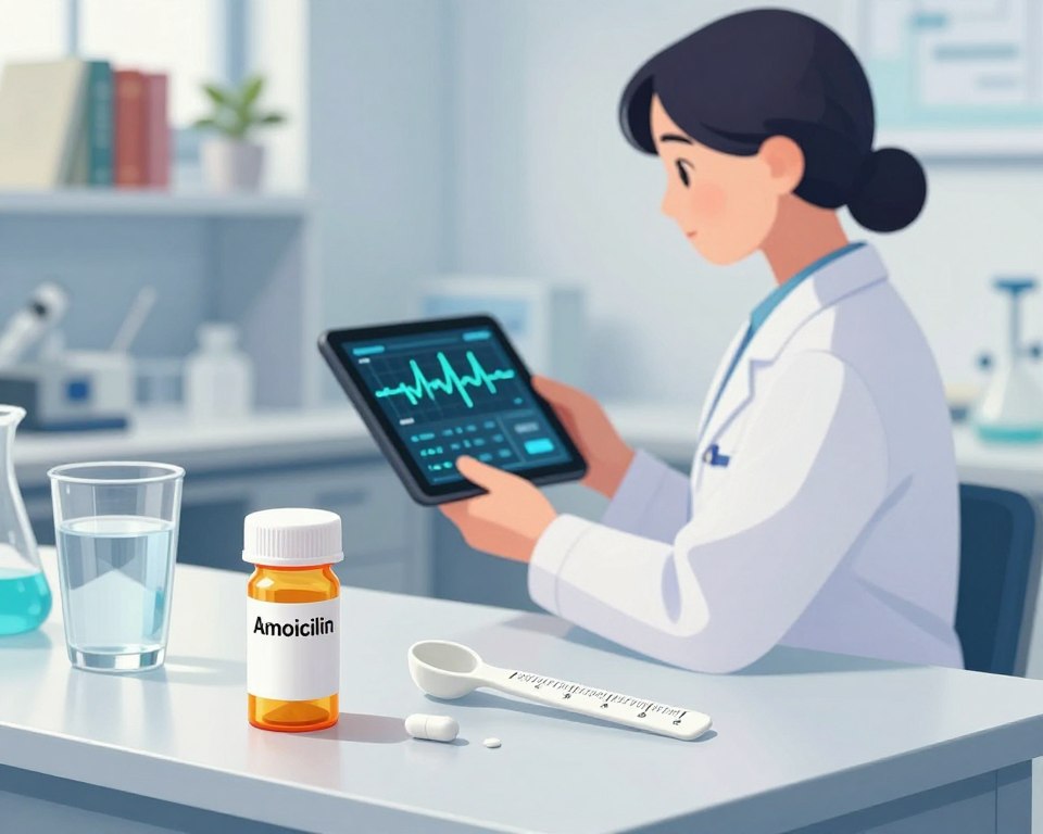 A detailed illustration depicting a scientific setting focused on Amoxicillin dosage and its effects on systemic health. In the foreground, a neatly arranged table displays a labeled prescription bottle of Amoxicillin alongside measuring spoons and a glass of water. In the middle ground, a professional healthcare provider in a lab coat examines a digital tablet showing heart rate fluctuations, symbolizing systemic stress. The background features a softly lit laboratory with shelves of medical books and plants, enhancing a calm yet clinical atmosphere. The lighting is bright but diffused, creating an inviting yet focused mood. The angle is slightly elevated, capturing the interaction between medication, health, and technology in a harmonious balance. A detailed illustration depicting a scientific setting focused on Amoxicillin dosage and its effects on systemic health. In the foreground, a neatly arranged table displays a labeled prescription bottle of Amoxicillin alongside measuring spoons and a glass of water. In the middle ground, a professional healthcare provider in a lab coat examines a digital tablet showing heart rate fluctuations, symbolizing systemic stress. The background features a softly lit laboratory with shelves of medical books and plants, enhancing a calm yet clinical atmosphere. The lighting is bright but diffused, creating an inviting yet focused mood. The angle is slightly elevated, capturing the interaction between medication, health, and technology in a harmonious balance.