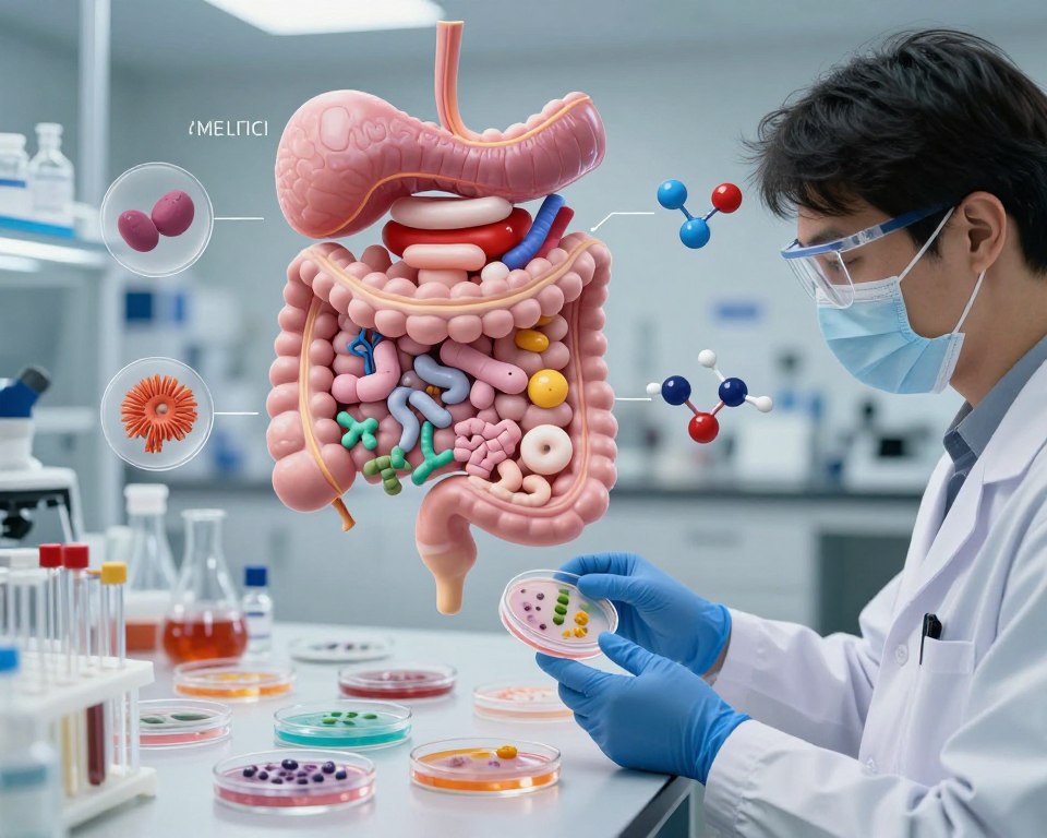 A detailed illustration depicting the impact of Amoxicillin on microbiome health and its association with yeast infections. In the foreground, show a laboratory setting with a researcher in professional attire, analyzing petri dishes filled with distinct cultures of microorganisms, representing both healthy bacteria and Candida yeast. In the middle ground, a vibrant 3D representation of a human digestive system with highlighted areas indicating microbiome diversity, surrounded by graphical representations of probiotics and Amoxicillin molecules interacting. In the background, soft, diffused laboratory lighting creates an atmospheric glow, enhancing the sense of discovery and scientific inquiry. The overall mood is educational and informative, showcasing the balance between antibiotics and probiotic health.