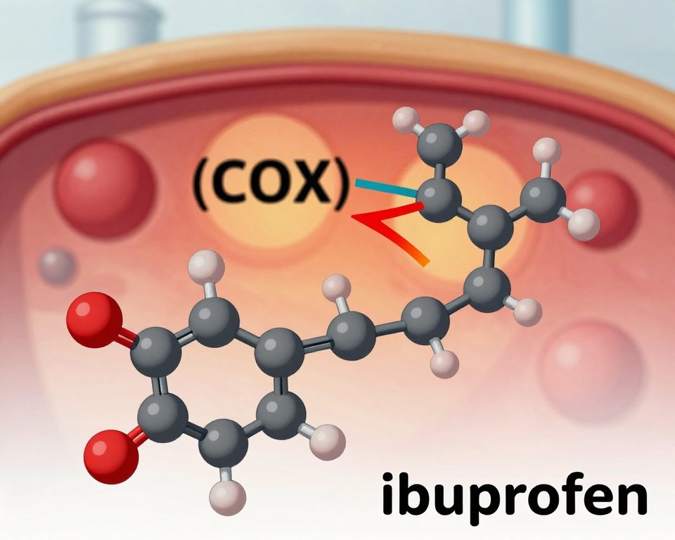 A detailed illustration of the ibuprofen mechanism of action as an anti-inflammatory agent. In the foreground, depict a molecular structure of ibuprofen, highlighting its chemical bonds with vibrant colors. In the middle layer, illustrate its interaction with cyclooxygenase (COX) enzymes, showcasing the inhibition process, represented by arrows and visual cues that signify blocking action. In the background, create a blurred effect of inflamed tissue, symbolizing inflammation with red and orange hues, emphasizing the contrast with the cooler colors of the ibuprofen structure. Lighting should be bright and clinical, resembling a laboratory setting, with a focus on clarity and detail. Use a macro lens effect to convey precision and informativity, capturing the scientific essence of ibuprofen's action in an educational atmosphere.