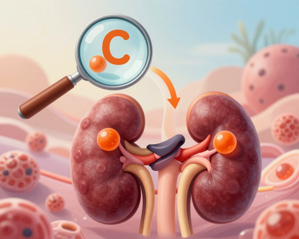 A detailed illustration showcasing the physiological role of vitamin C in renal health. In the foreground, an anatomical representation of a healthy human kidney, highlighted with vitamin C molecules depicted as vibrant orange spheres. In the middle ground, scientific elements such as a magnifying glass examining the kidney’s filtration system, with arrows indicating the flow of nutrients, particularly vitamin C, contributing to kidney function. The background features a soft-gradient landscape representing a cellular environment, with a sense of tranquility and health. The image is bathed in soft, natural light, creating a warm atmosphere, with a focus on clarity and detail. The perspective is slightly angled to provide depth, emphasizing the interaction between vitamin C and renal function without any text or annotations. A detailed illustration showcasing the physiological role of vitamin C in renal health. In the foreground, an anatomical representation of a healthy human kidney, highlighted with vitamin C molecules depicted as vibrant orange spheres. In the middle ground, scientific elements such as a magnifying glass examining the kidney’s filtration system, with arrows indicating the flow of nutrients, particularly vitamin C, contributing to kidney function. The background features a soft-gradient landscape representing a cellular environment, with a sense of tranquility and health. The image is bathed in soft, natural light, creating a warm atmosphere, with a focus on clarity and detail. The perspective is slightly angled to provide depth, emphasizing the interaction between vitamin C and renal function without any text or annotations.