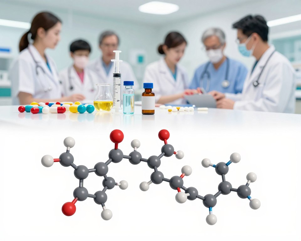 A detailed scientific illustration showcasing the pharmacological profile of amoxicillin. In the foreground, a molecular structure of amoxicillin is prominently displayed, with labeled chemical bonds for clarity. The middle ground features visual representations of its medication forms, like capsules and liquid syringes, alongside a dynamic infographic illustrating its effects on the central nervous system. In the background, a softly blurred image of a hospital setting with healthcare professionals in professional attire can be seen, enhancing the clinical context. The lighting is bright and sterile, with a focus on clarity and detail, captured from a top-down angle to emphasize the molecules and medication forms. The overall mood is informative and professional, conveying a sense of scientific accuracy and relevance. The image should be free of any text or branding elements.