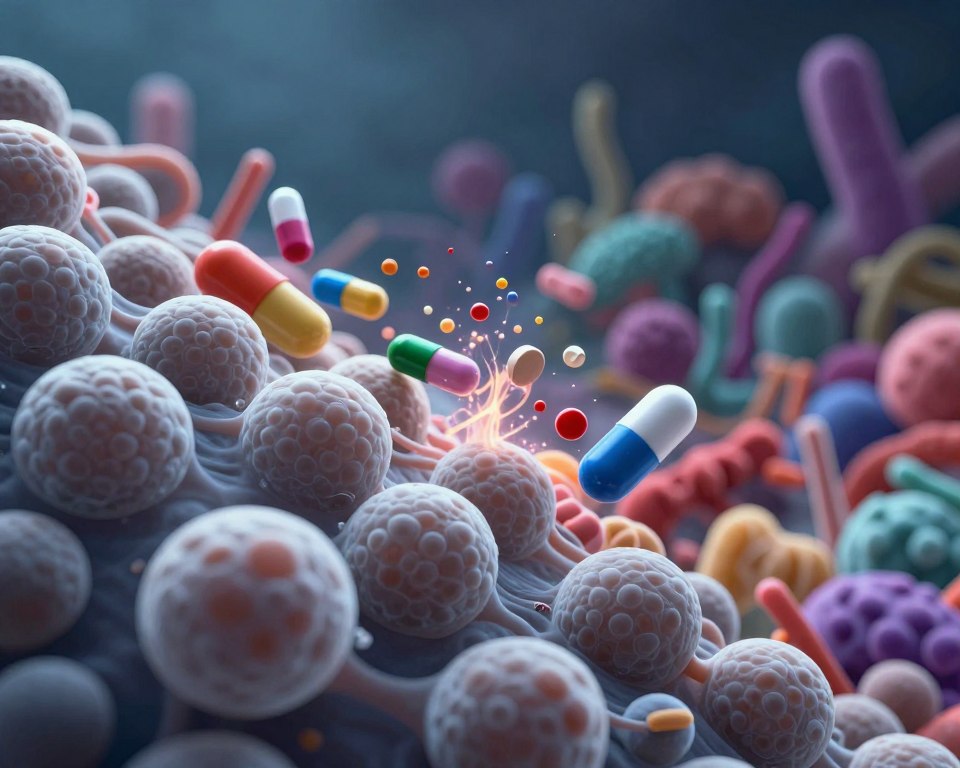A detailed visualization of the disruption caused by antibiotics on the human microbiome, featuring a stylized representation of Candida organisms in a vibrant yet unsettling manner. In the foreground, close-up magnified images of round, white Candida cells pulsating against a backdrop of dark, moody colors to signify imbalance. The middle layer includes representations of antibiotics, depicted as colorful capsules dissolving and releasing chaotic energy that interacts with the Candida, making them proliferate. In the background, an abstract depiction of a healthy microbiome, illustrated with harmonious, diverse microbial shapes in soft pastel colors fading into the darkness. Utilize soft, diffused lighting to create an eerie yet informative atmosphere, with a focus on depth through a shallow angle to draw attention to the contrasting elements.